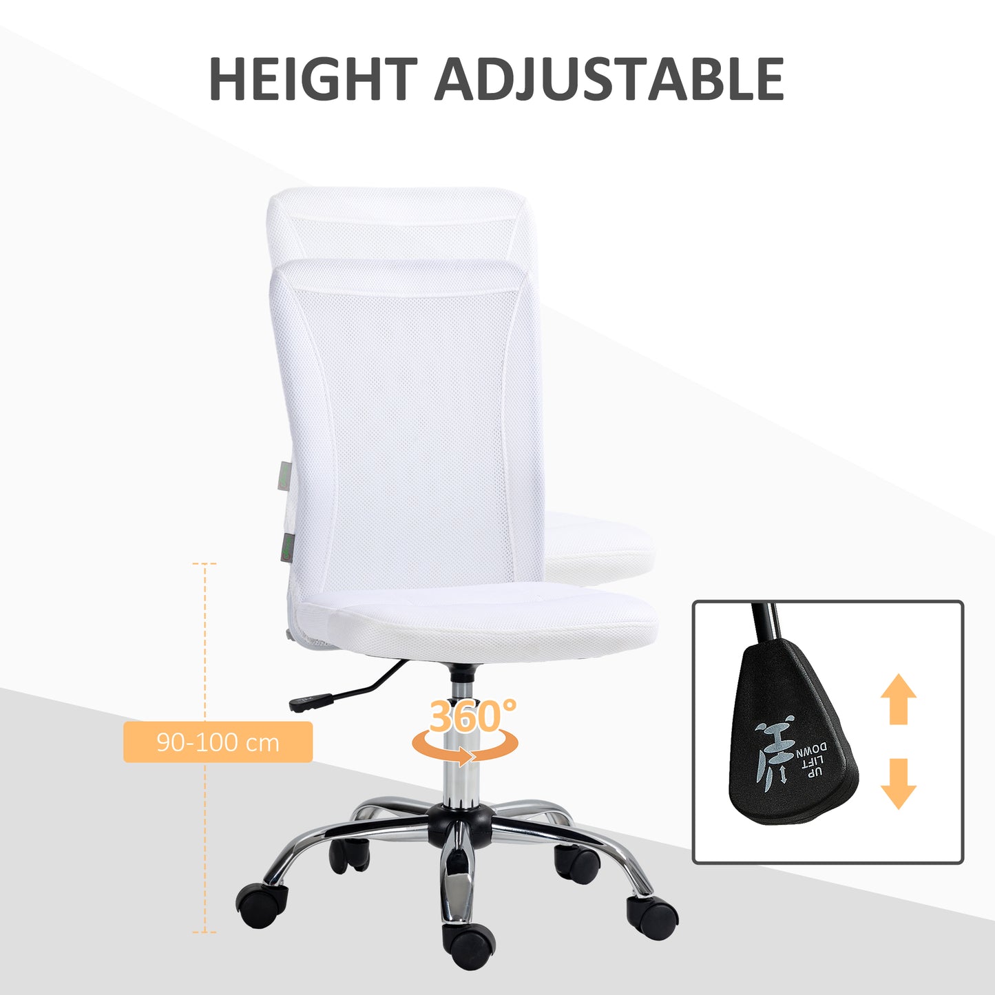 Image for Vinsetto Computer Desk Chair, Mesh Office Chair with Adjustable Height and Swivel Wheels, Armless Study Chair, White