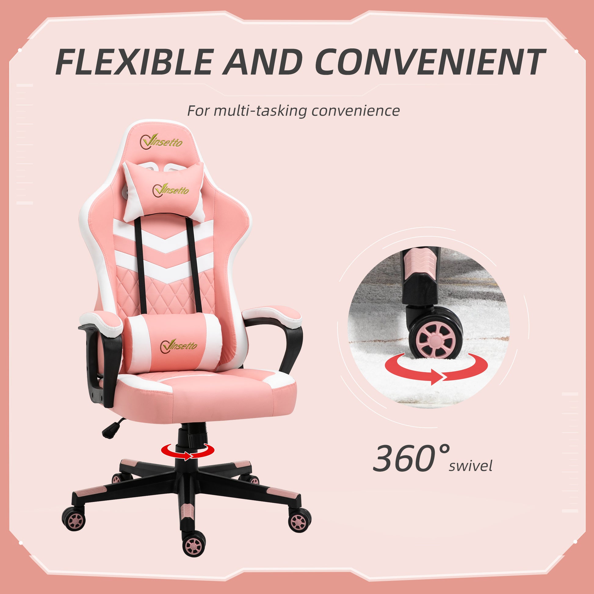 Image for Vinsetto Racing Gaming Chair with Lumbar Support, Headrest, Swivel Wheel, PVC Leather Gamer Desk Chair for Home Office, Pink White