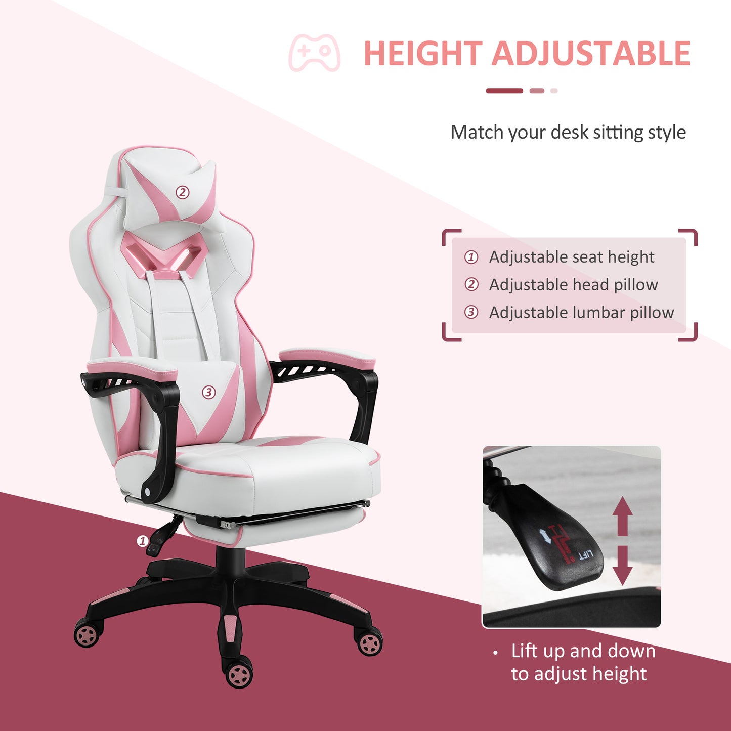 Image for Vinsetto Ergonomic Racing Gaming Chair Office Desk Chair Adjustable Height Recliner with Wheels, Headrest, Lumbar Support, Retractable Footrest, Pink