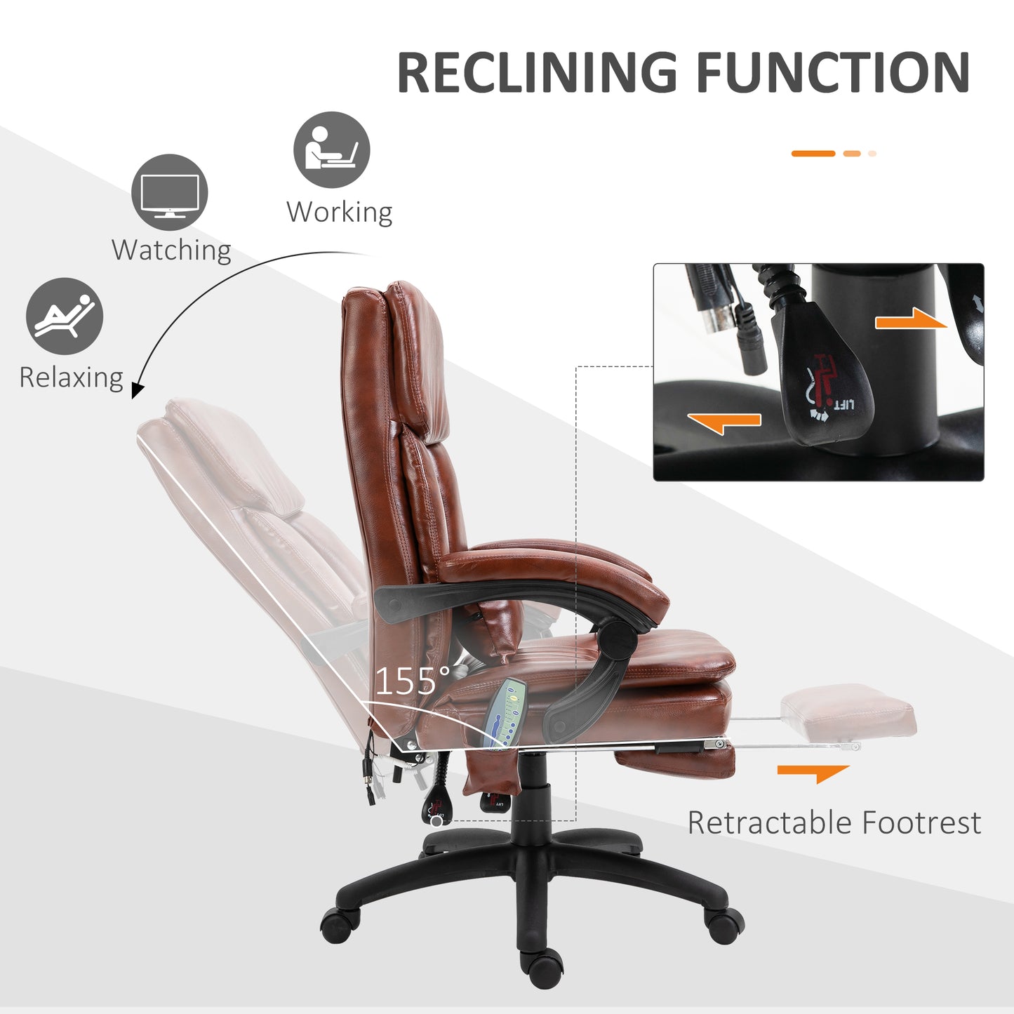 Image for Vinsetto High Back Office Chair, Gaming Recliner Chair with Footrest, 7 Massage Points, Adjustable Height, Reclining Back, PU Leather, Brown