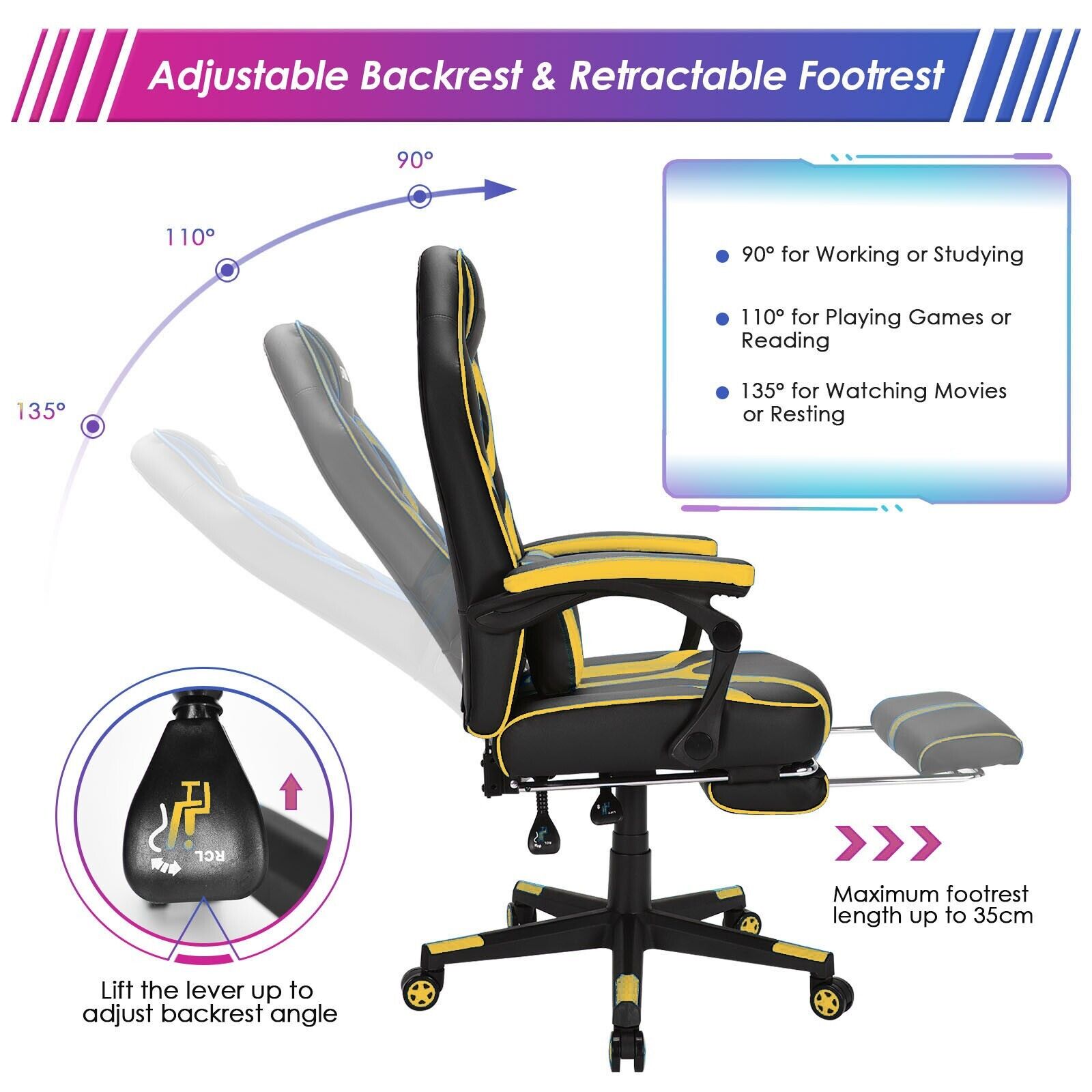 Ergonomic Swivel Gaming Chair with Retractable Footrest and Lumbar Support-Blue - ChairwayUK