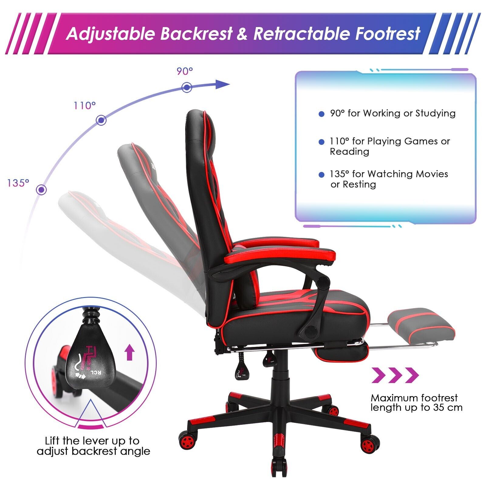 Ergonomic Swivel Gaming Chair with Retractable Footrest and Lumbar Support-Blue - ChairwayUK