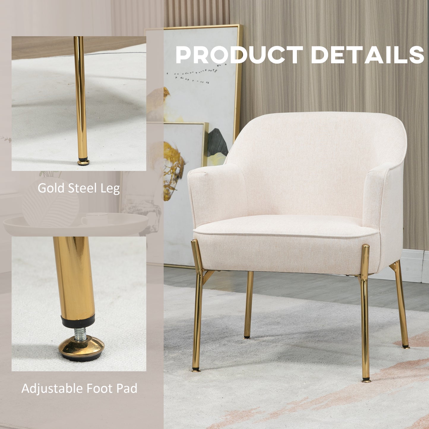 HOMCOM Accent Chair, Living Room Armchair, Vanity Chair with Gold Plating Metal Legs and Soft Padded Seat for Bedroom and CafÃ©, Set of 2, White - ChairwayUK