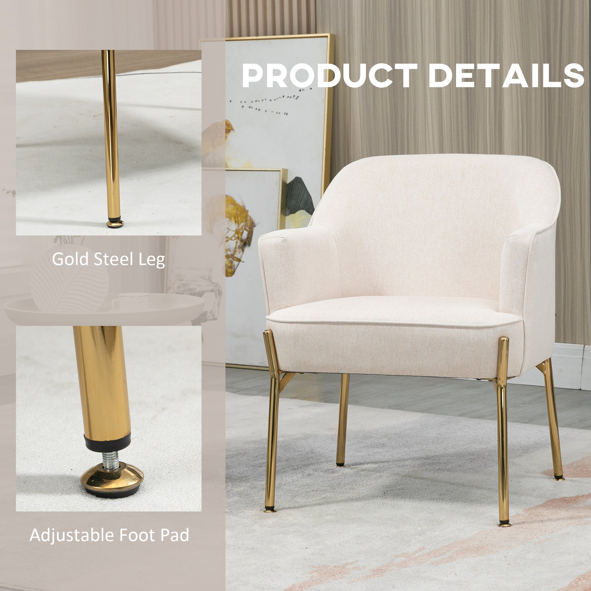 HOMCOM Accent Chair, Living Room Armchair, Vanity Chair with Gold Plating Metal Legs and Soft Padded Seat for Bedroom and CafÃ©, Set of 2, White - ChairwayUK