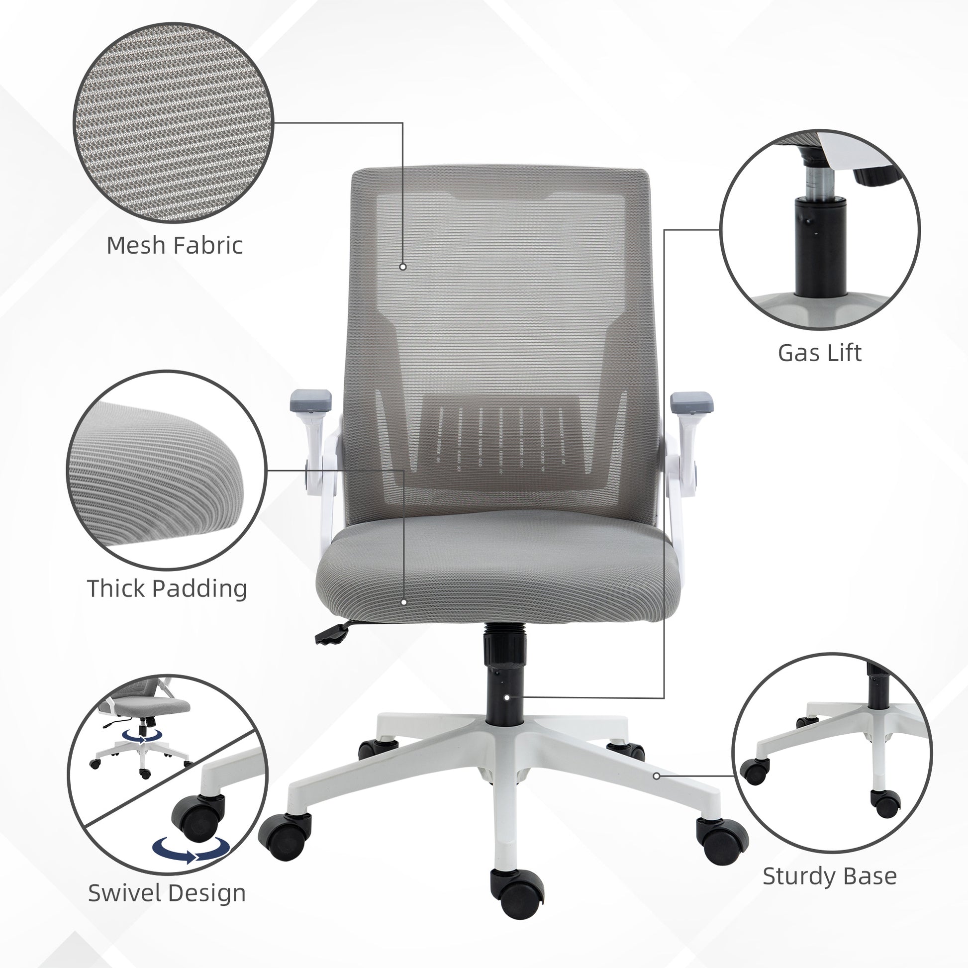 Image for Vinsetto Mesh Office Chair, Desk Chair with Lumbar Support, Flip-up Armrest, Swivel Wheels, Adjustable Height, Grey