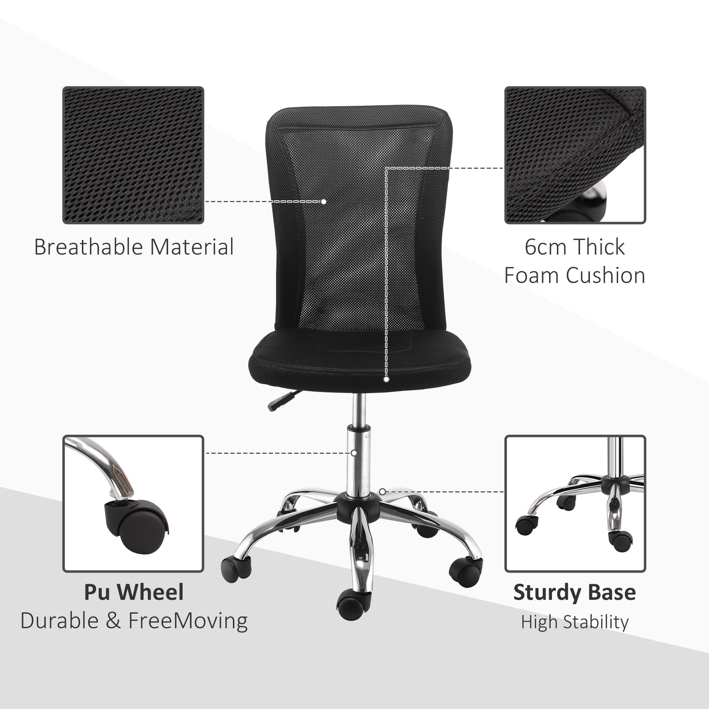 Image for Vinsetto Home Office Mesh Task Chair Ergonomic Armless Mid Back Height Adjustable with Swivel Wheels, Black