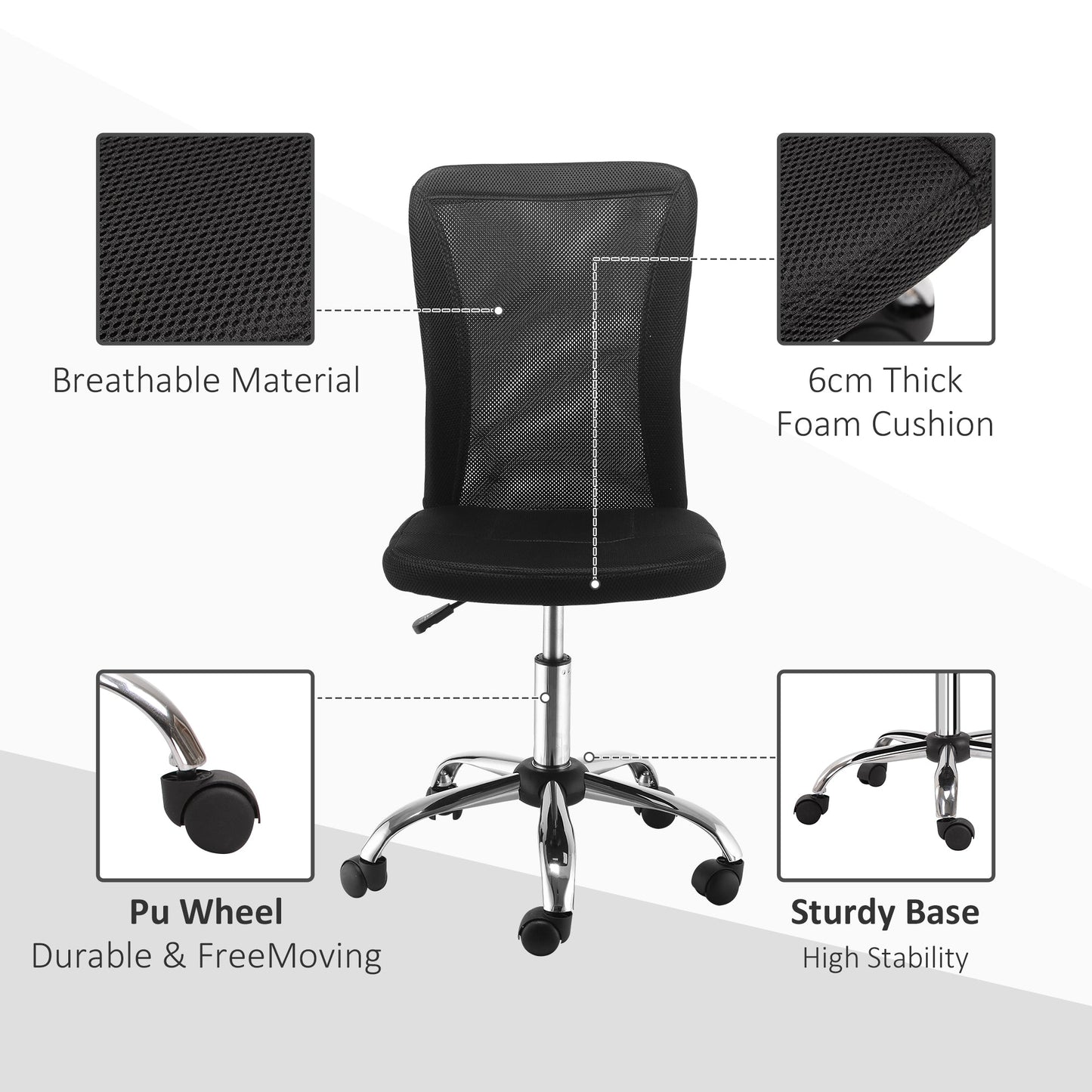 Vinsetto Computer Desk Chair, Mesh Office Chair with Adjustable Height and Swivel Wheels, Armless Study Chair