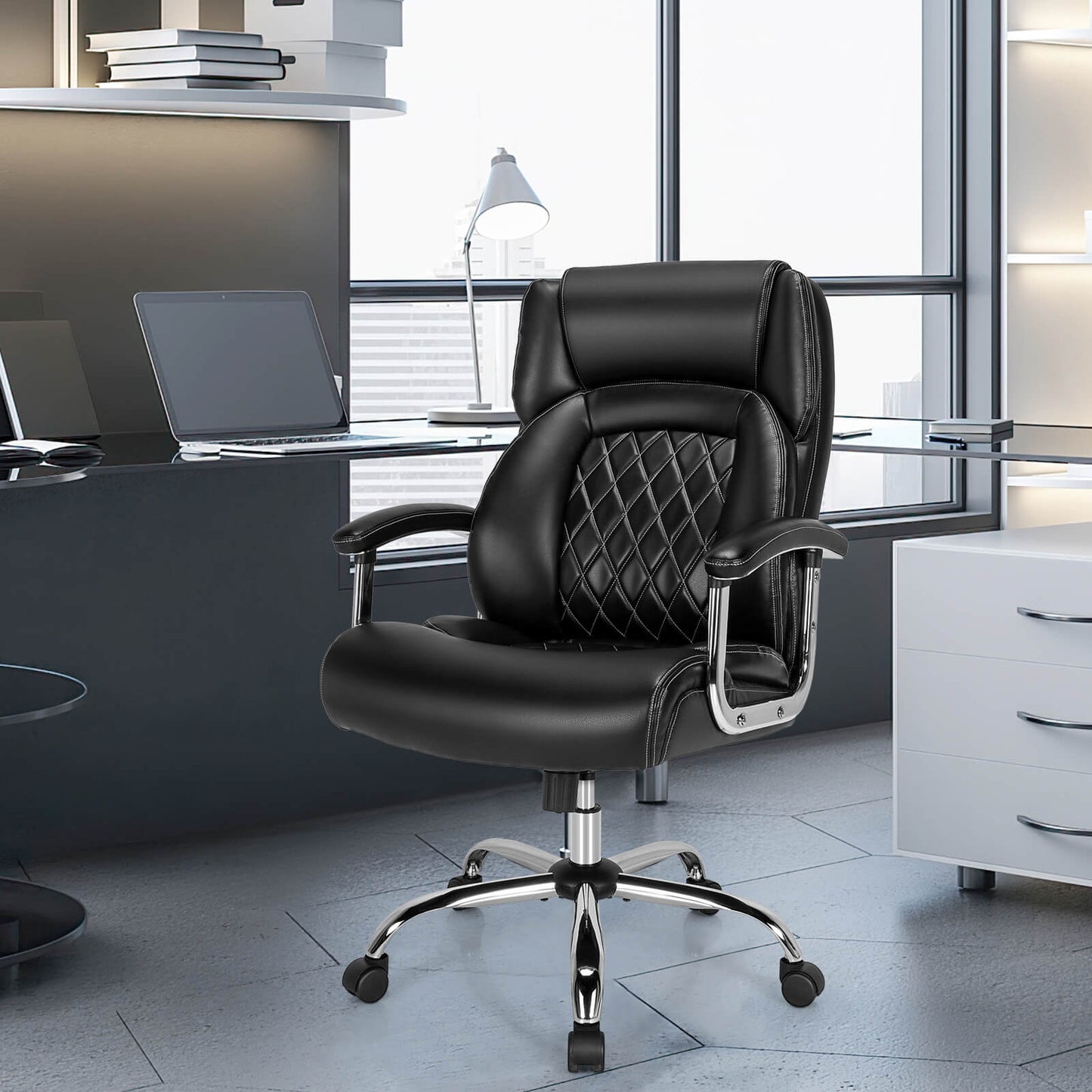 Black Ergonomic high back with integrated headrest  Extra-wide, deep seat design with Thick cushion and high-density sponge  suing elastic springs  and padded armrests and Rocking backrest (90°–115°) with  360° swivel seat. including Height adjustable seat and Heavy-duty steel base. Class-4 gas lift and Smooth rolling castors for Modern executive style in Lifestyle