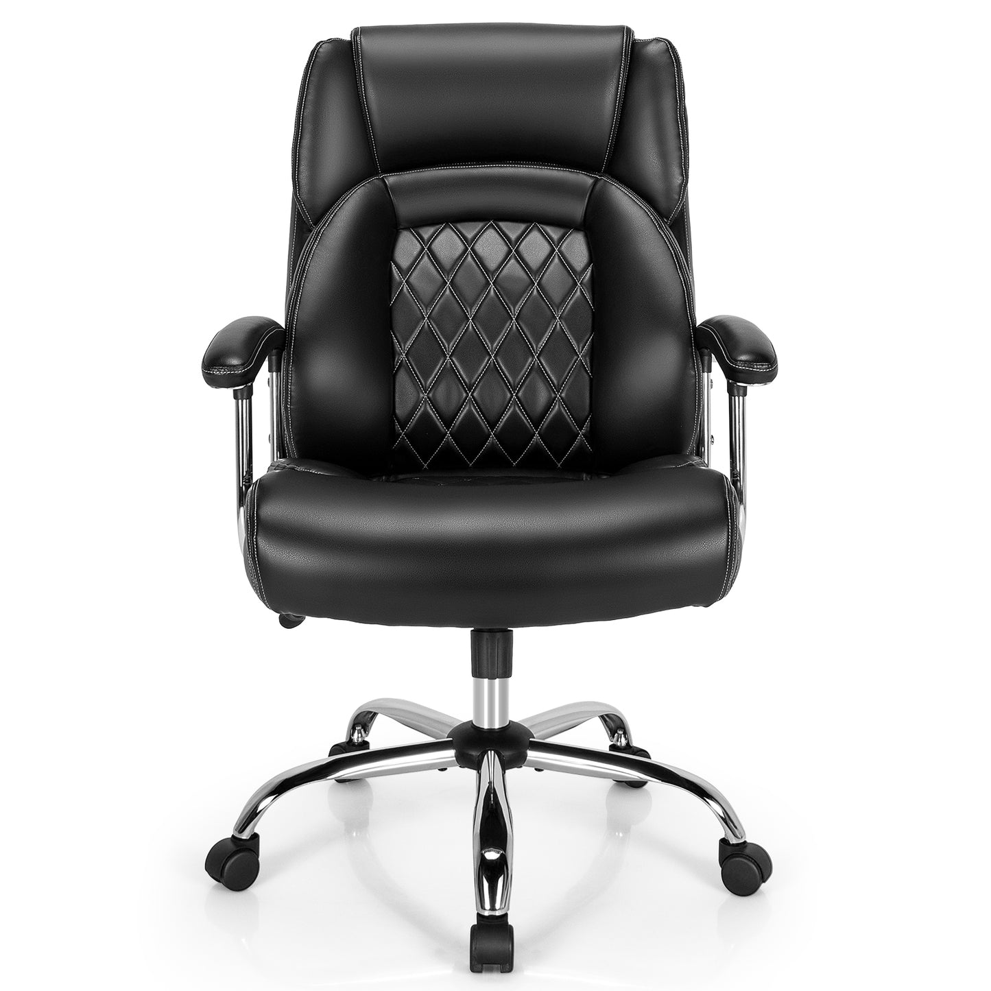 Black Ergonomic high back with integrated headrest  Extra-wide, deep seat design with Thick cushion and high-density sponge  suing elastic springs  and padded armrests and Rocking backrest (90°–115°) with  360° swivel seat. including Height adjustable seat and Heavy-duty steel base. Class-4 gas lift and Smooth rolling castors for Modern executive style  main 