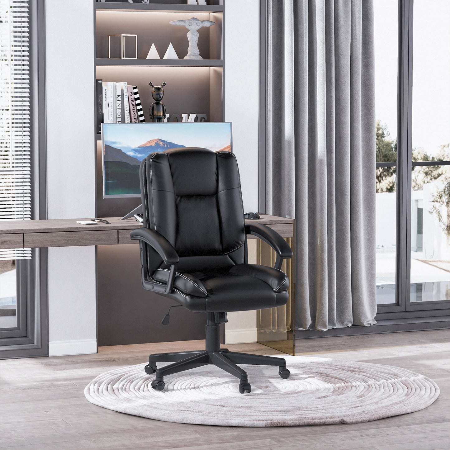 Image for HOMCOM Swivel Executive Office Chair Mid Back Faux Leather Computer Desk Chair for Home with Double-Tier Padding, Arm, Wheels, Black