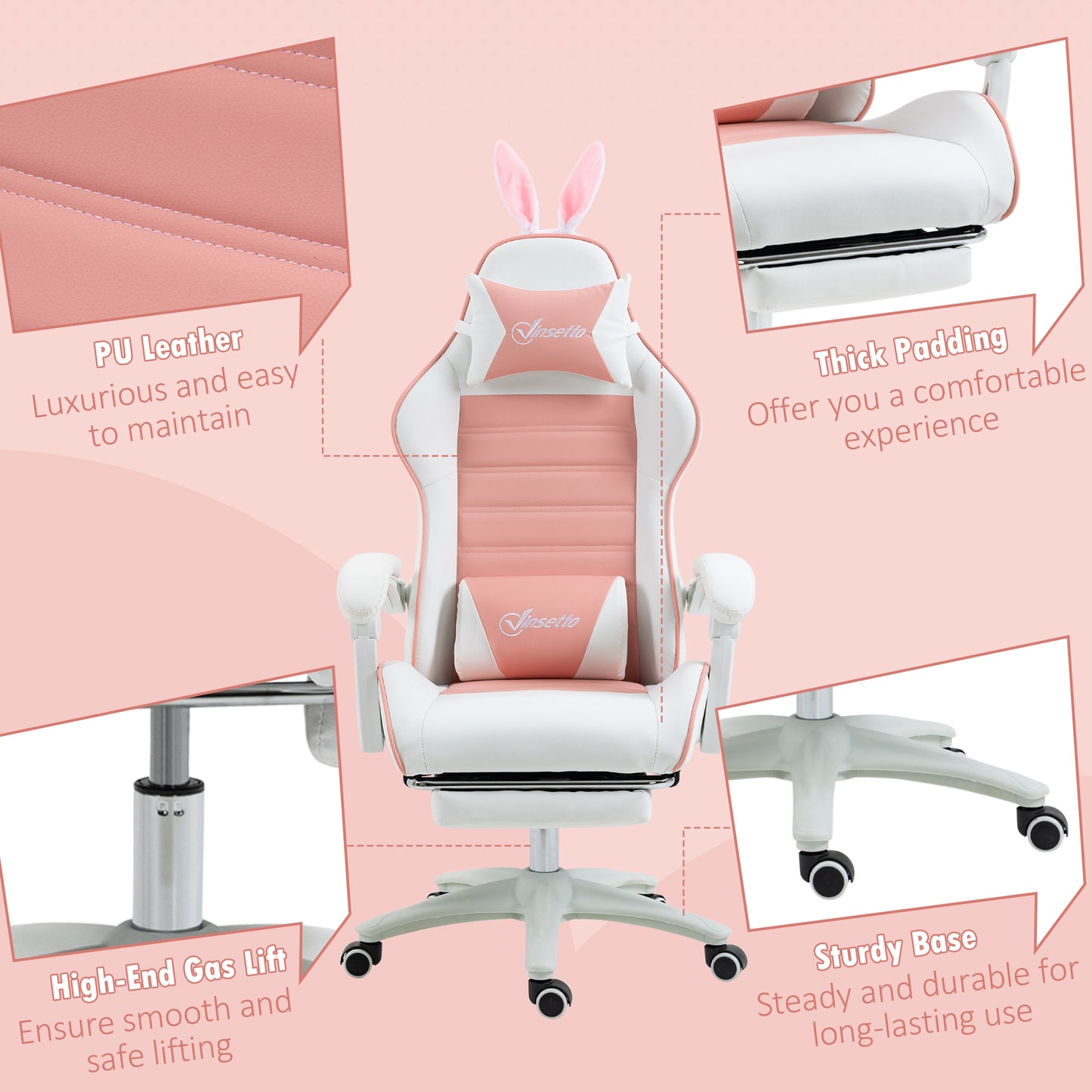 Image for Vinsetto Racing Gaming Chair, Reclining PU Leather Computer Chair with Removable Rabbit Ears, Footrest, Headrest and Lumber Support, Pink