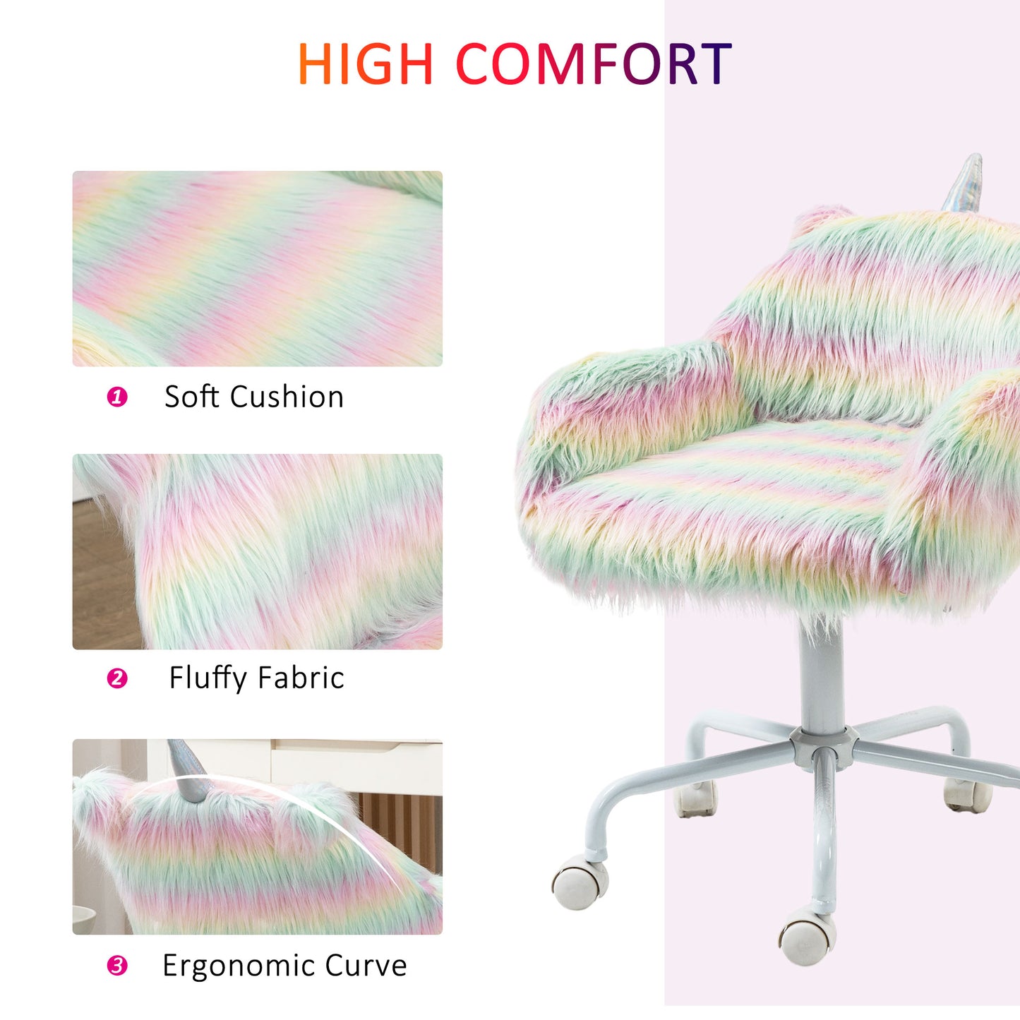 Image for Vinsetto Unicorn Home Office Chair, Height Adjustable Fluffy Desk Chair with Armrests and Swivel Wheels, Colourful