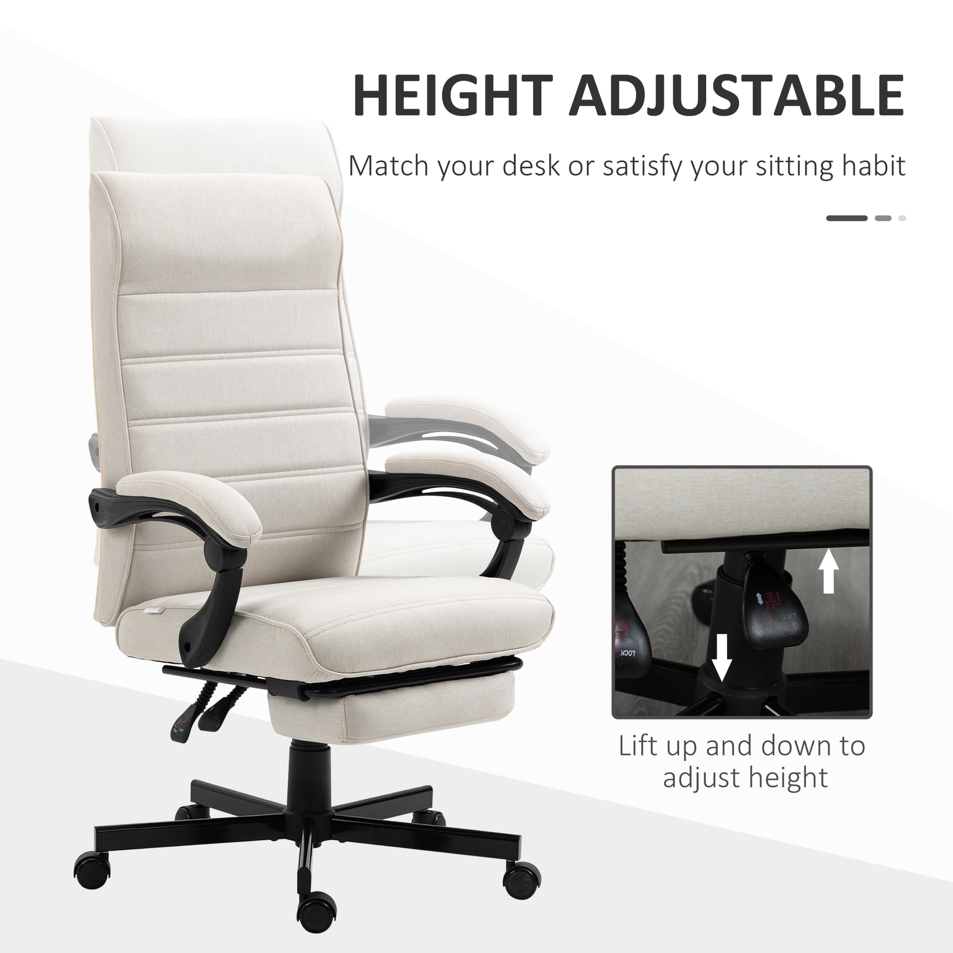 Image for Vinsetto High-Back Home Office Chair, Linen Swivel Reclining Chair with Adjustable Height, Footrest and Padded Armrest for Living Room Cream White