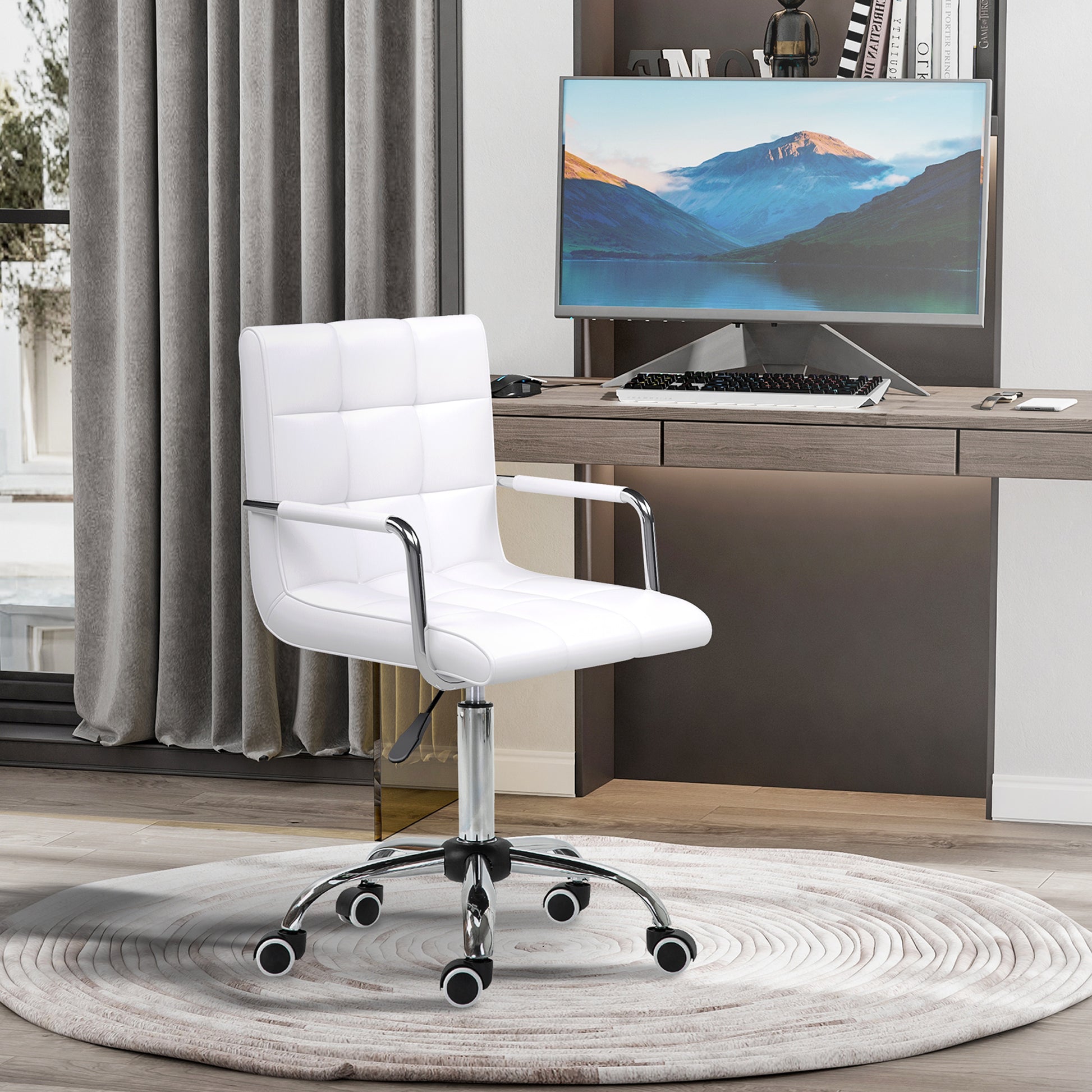 Image for Vinsetto Mid Back PU Leather Home Office Desk Chair Swivel Computer Chair with Arm, Wheels, Adjustable Height, White