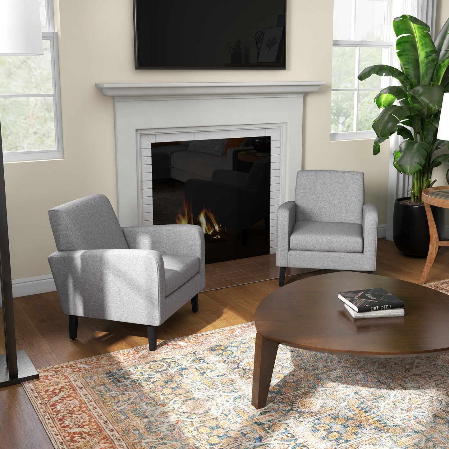 2 Pieces Modern Armchairs with Rubber Wood Legs, Upholstered Accent Chairs, Single Sofa for Living Room, Bedroom