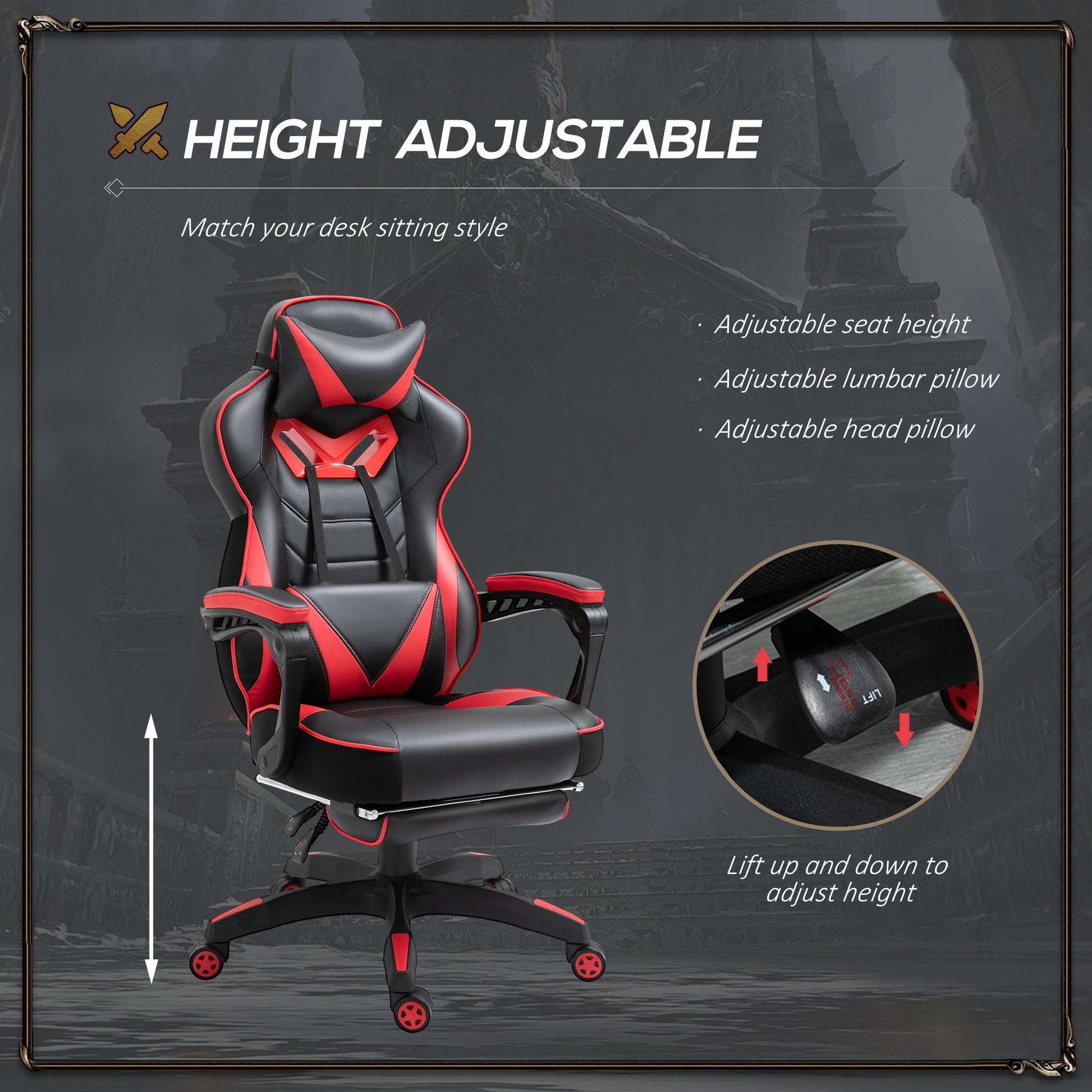 Image for Vinsetto Ergonomic Racing Gaming Chair Office Desk Chair Adjustable Height Recliner with Wheels, Headrest, Lumbar Support, Retractable Footrest, Red