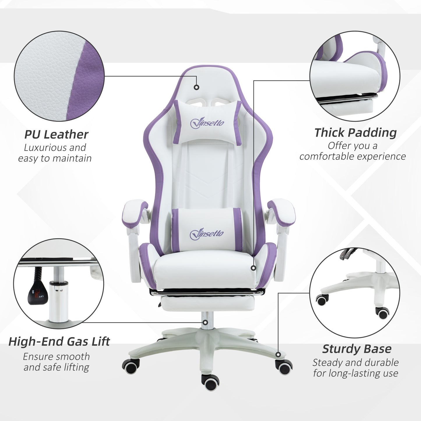 Image for Vinsetto Racing Gaming Chair, Reclining PU Leather Computer Chair with 360 Degree Swivel Seat, Footrest, Removable Headrest and Lumber Support, Purple