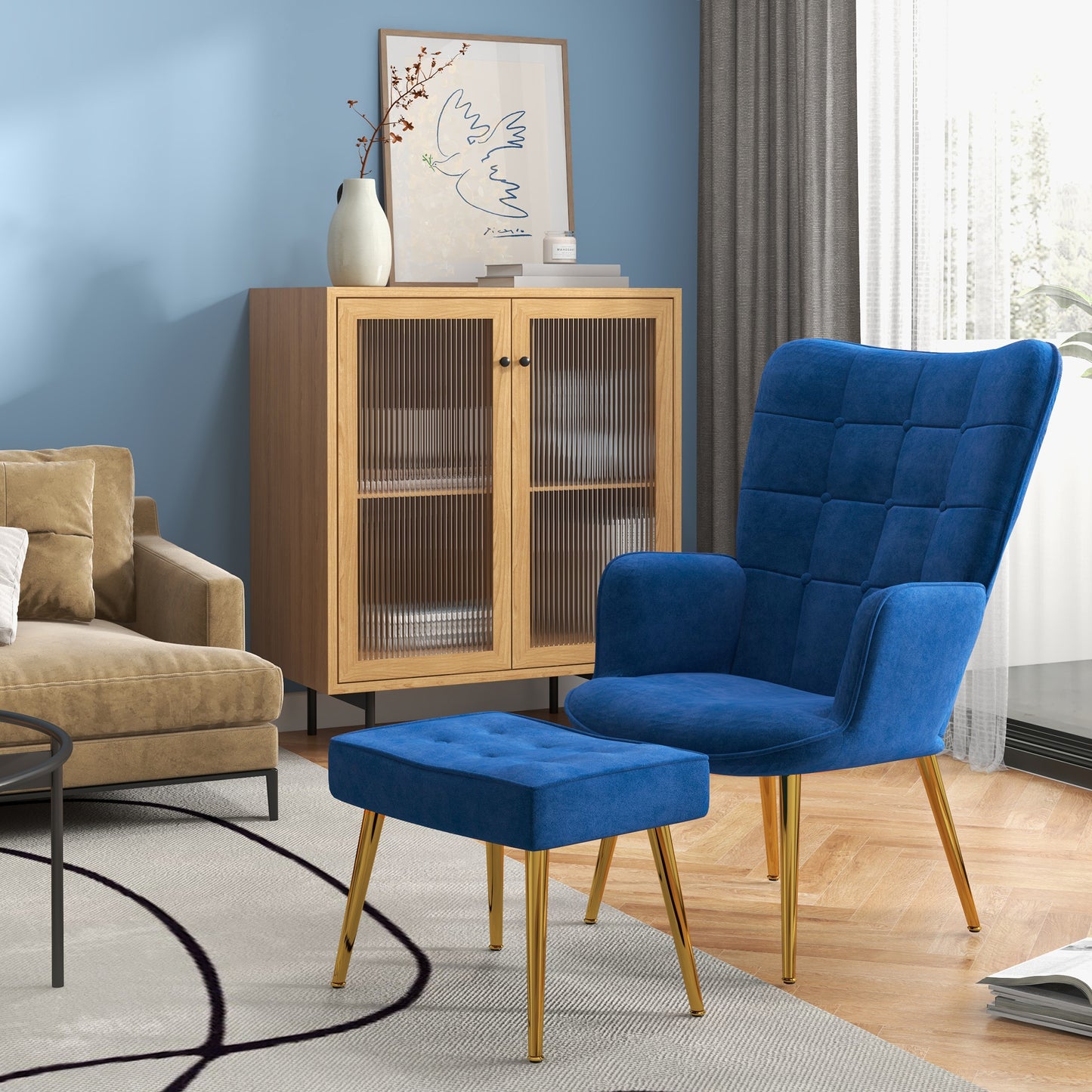 Modern Armchair with Footstool, Upholstered Accent Chair with Ottoman, Steel Legs, Velvet Wingback Chair for Living Room, Bedroom, Home Study