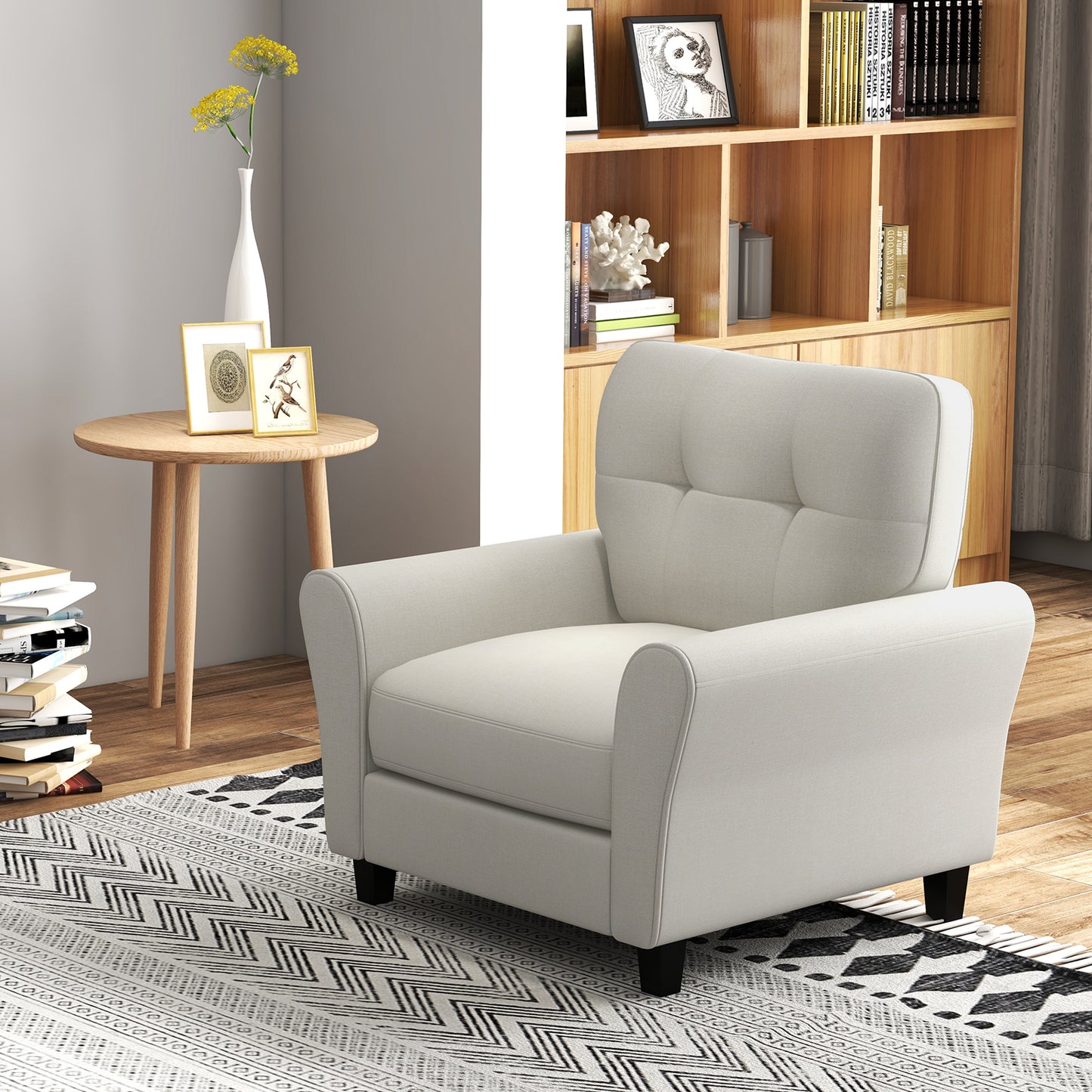 Tufted Upholstered Accent Chair with Non-slip Foot Pads Lifestyle Dimensions Beige