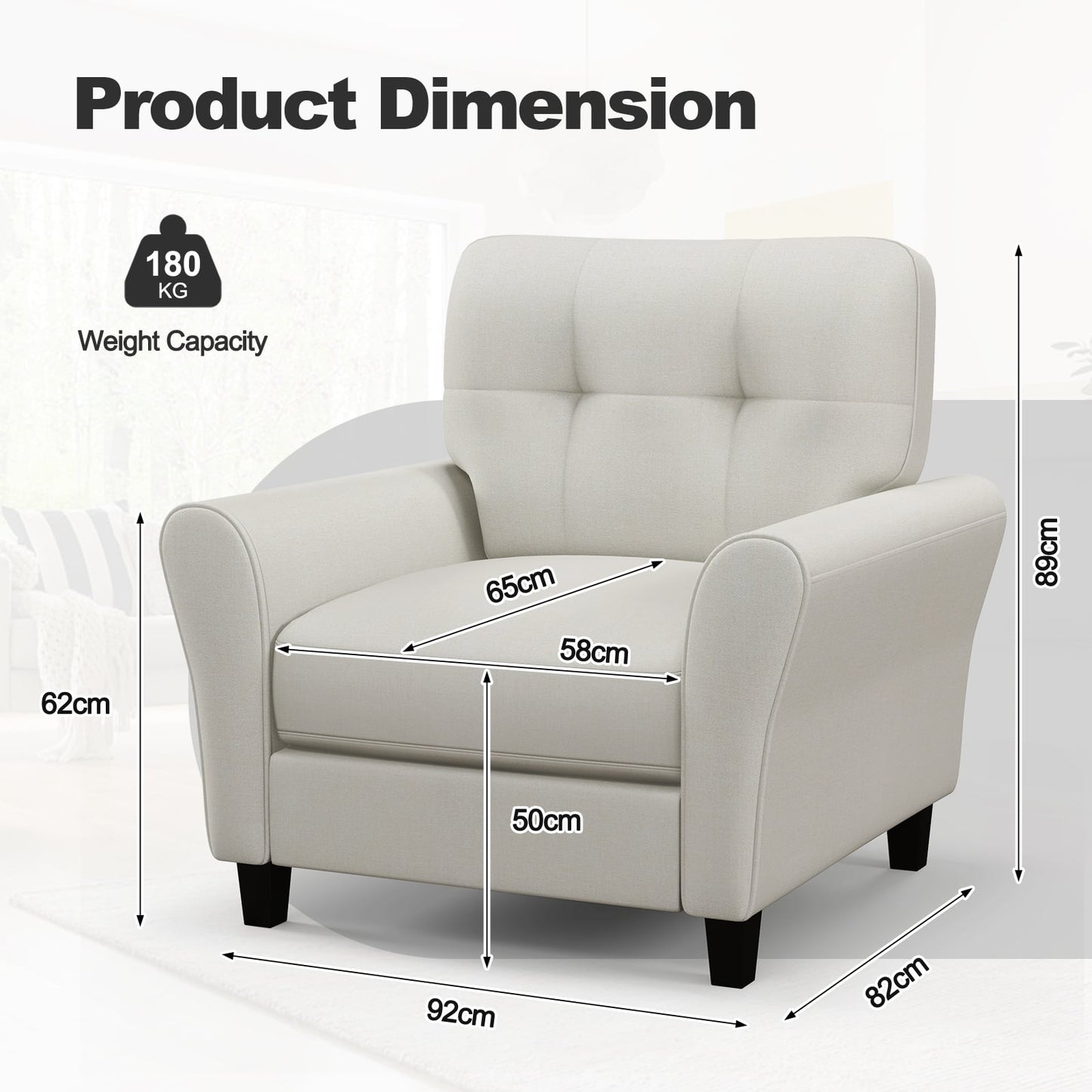 Tufted Upholstered Accent Chair with Non-slip Foot Pads Lifestyle Dimensions Biege