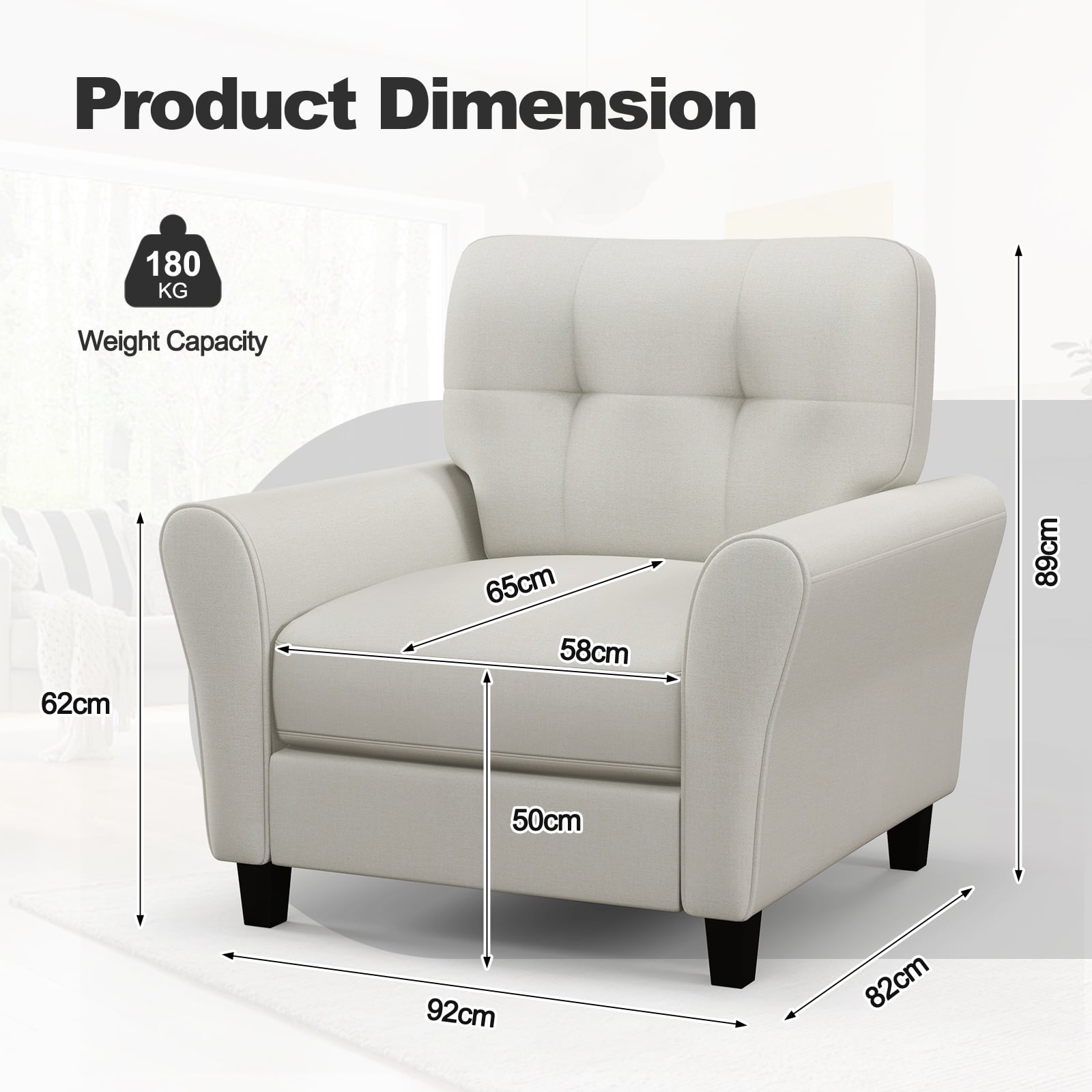 Tufted Upholstered Accent Chair with Non-slip Foot Pads Lifestyle Dimensions Biege