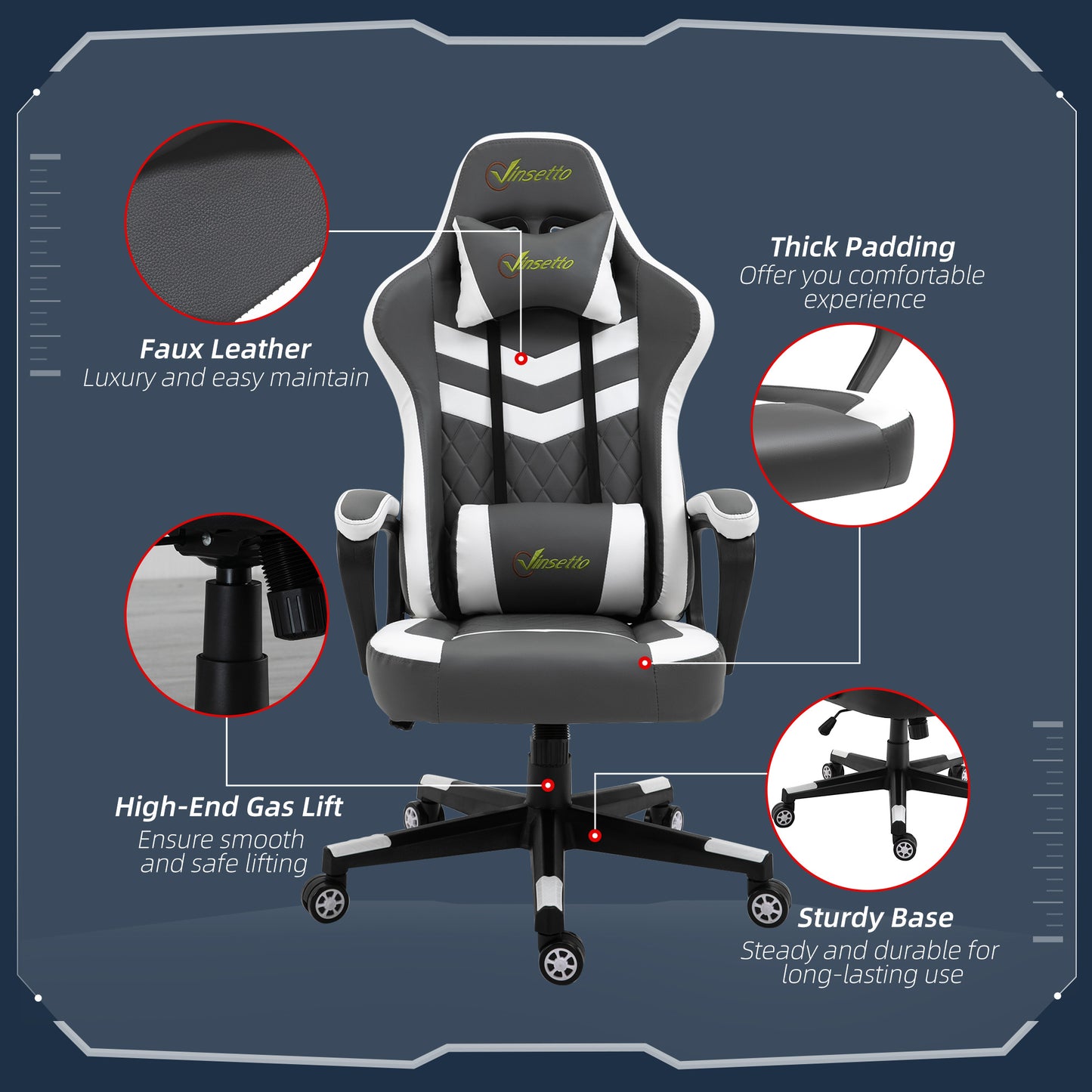 Image for Vinsetto Racing Gaming Chair with Lumbar Support, Headrest, Swivel Wheel, PVC Leather Gamer Desk Chair for Home Office, Grey White