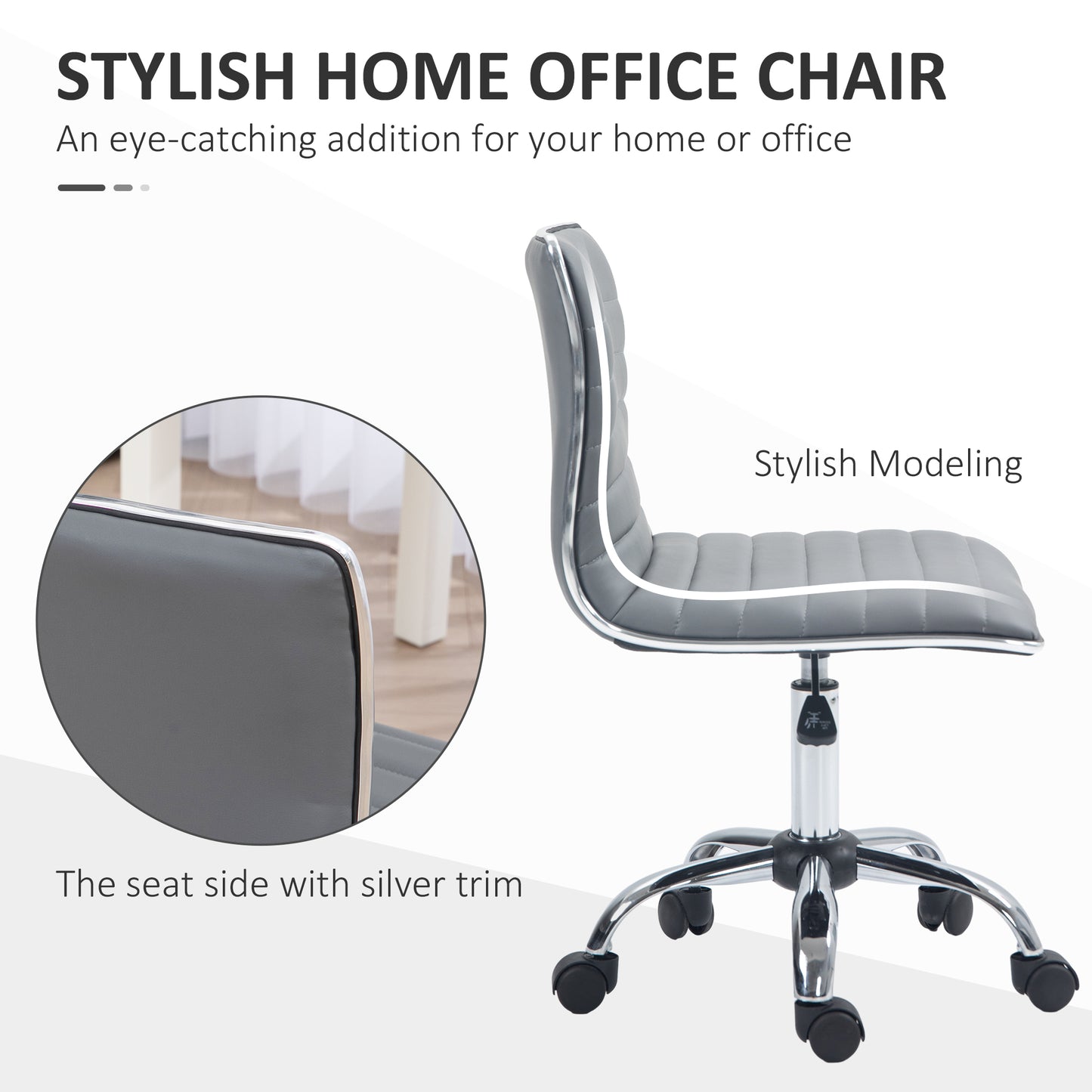 Image for Vinsetto Adjustable Swivel Office Chair with Armless Mid-Back in PU Leather and Chrome Base - Light Grey