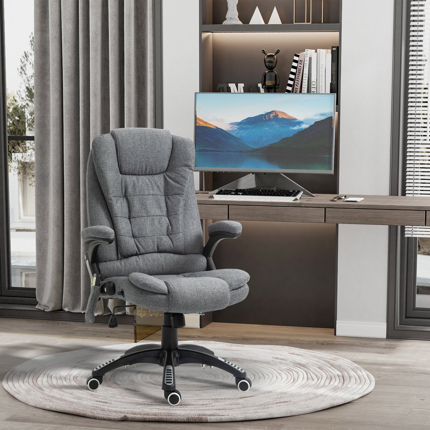 Image for Vinsetto Massage Recliner Chair Heated Office Chair with Six Massage Points Linen-Feel Fabric 360° Swivel Wheels Grey