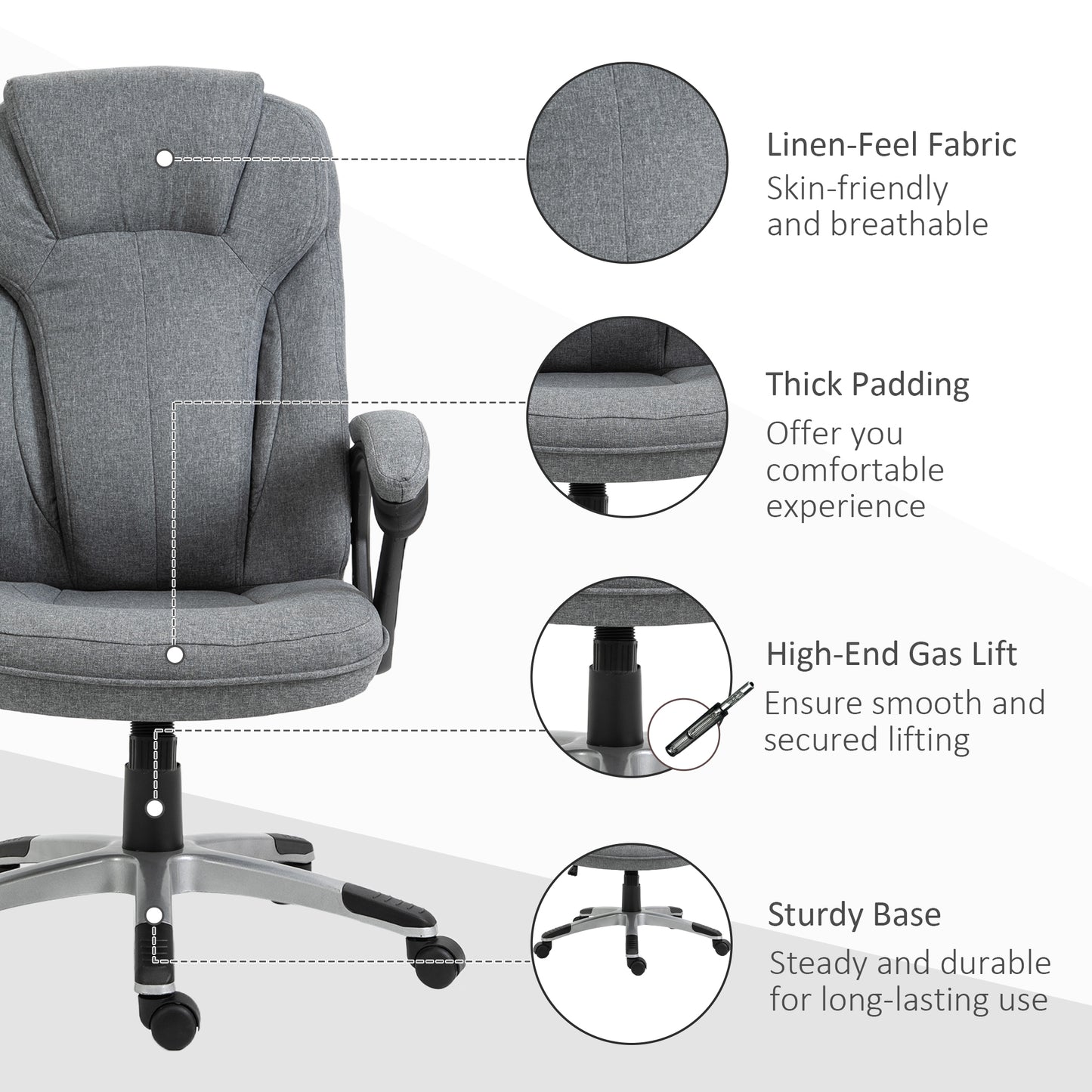 Image for Vinsetto Swivel Chair Linen Fabric Home Office Chair, Height Adjustable Computer Chair with Padded Armrests and Tilt Function, Grey