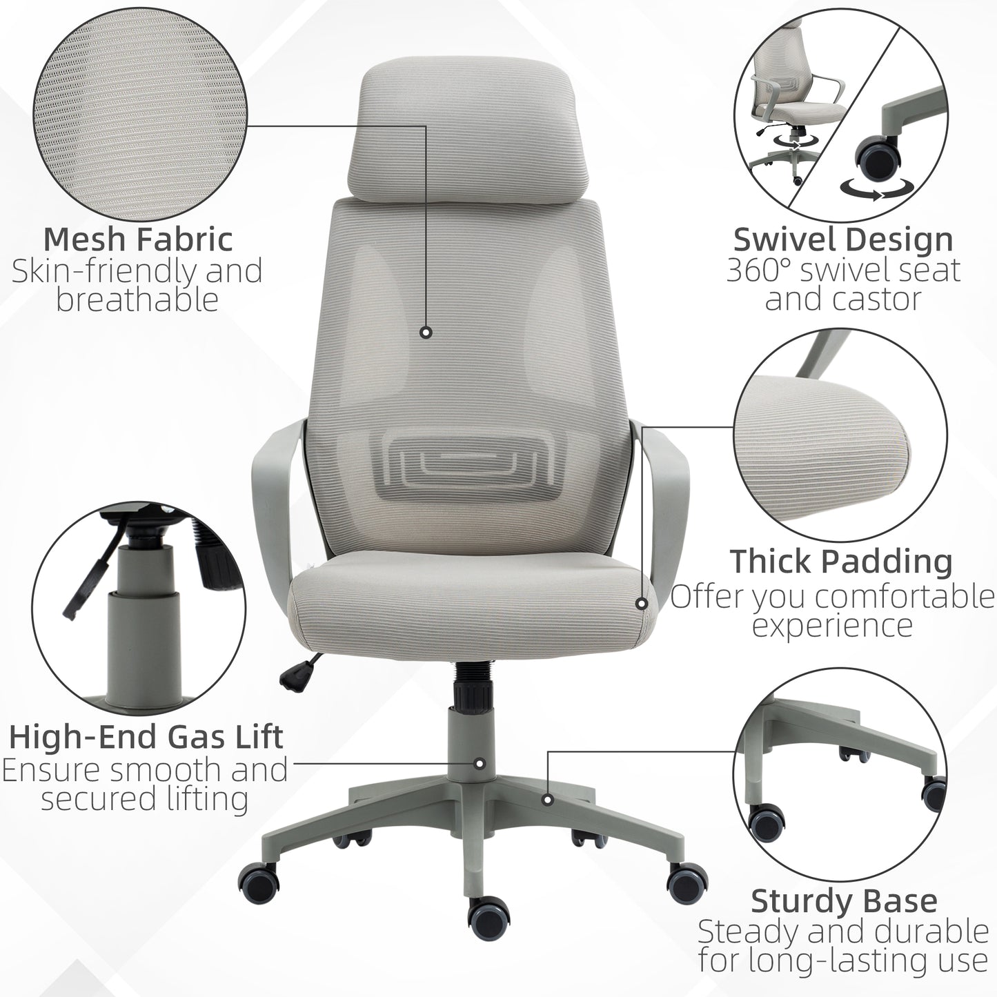 Image for Vinsetto Ergonomic Office Chair w/ Wheel, High Mesh Back, Adjustable Height Home Office Chair - Grey