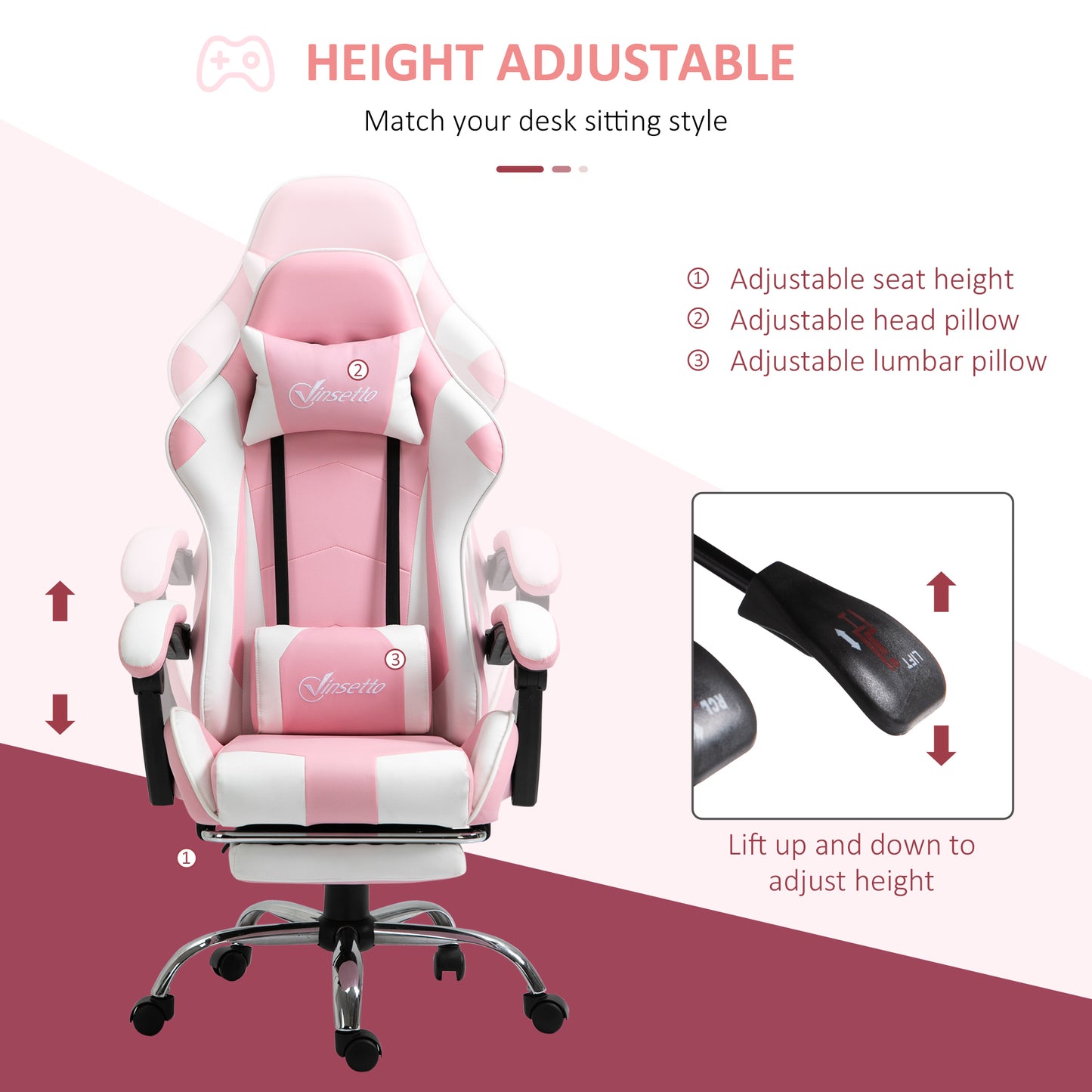 Image for Vinsetto Racing Gaming Chair with Lumbar Support, Head Pillow, Swivel Wheels, High Back Recliner Gamer Desk Chair for Home Office, Pink