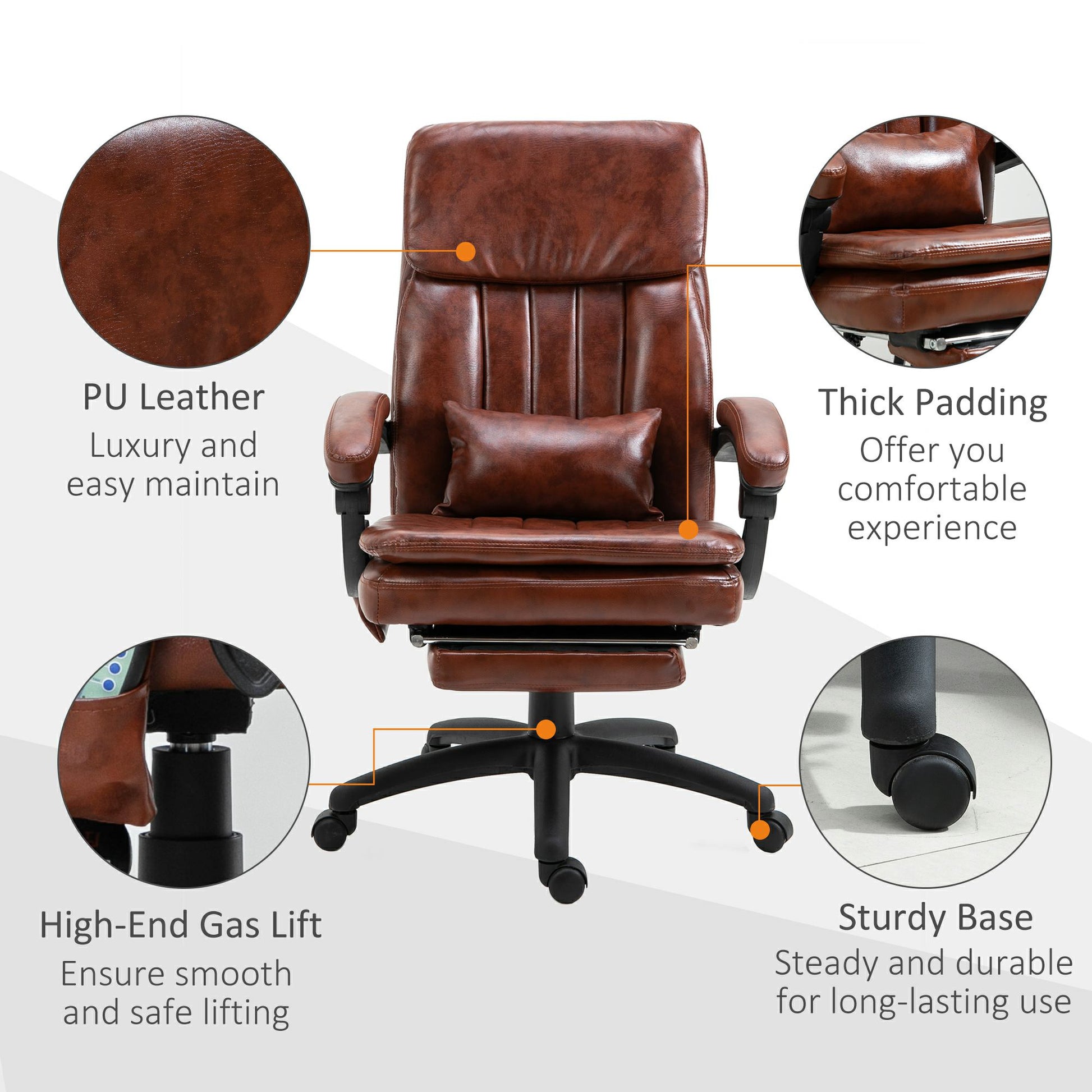 Image for Vinsetto High Back Office Chair, Gaming Recliner Chair with Footrest, 7 Massage Points, Adjustable Height, Reclining Back, PU Leather, Brown