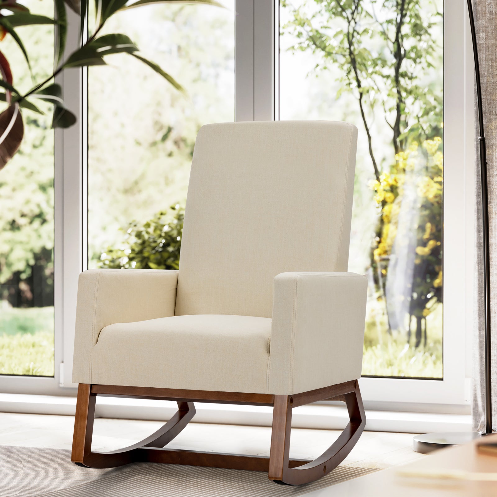 Upholstered Fabric Armchair with Rubber Wood Base Beige in Living room