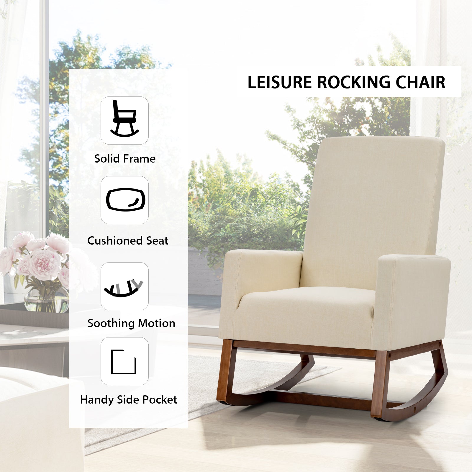 Upholstered Fabric Armchair with Rubber Wood Base Solid Frame and Cushioned seat Soothing motion and side pocket beige