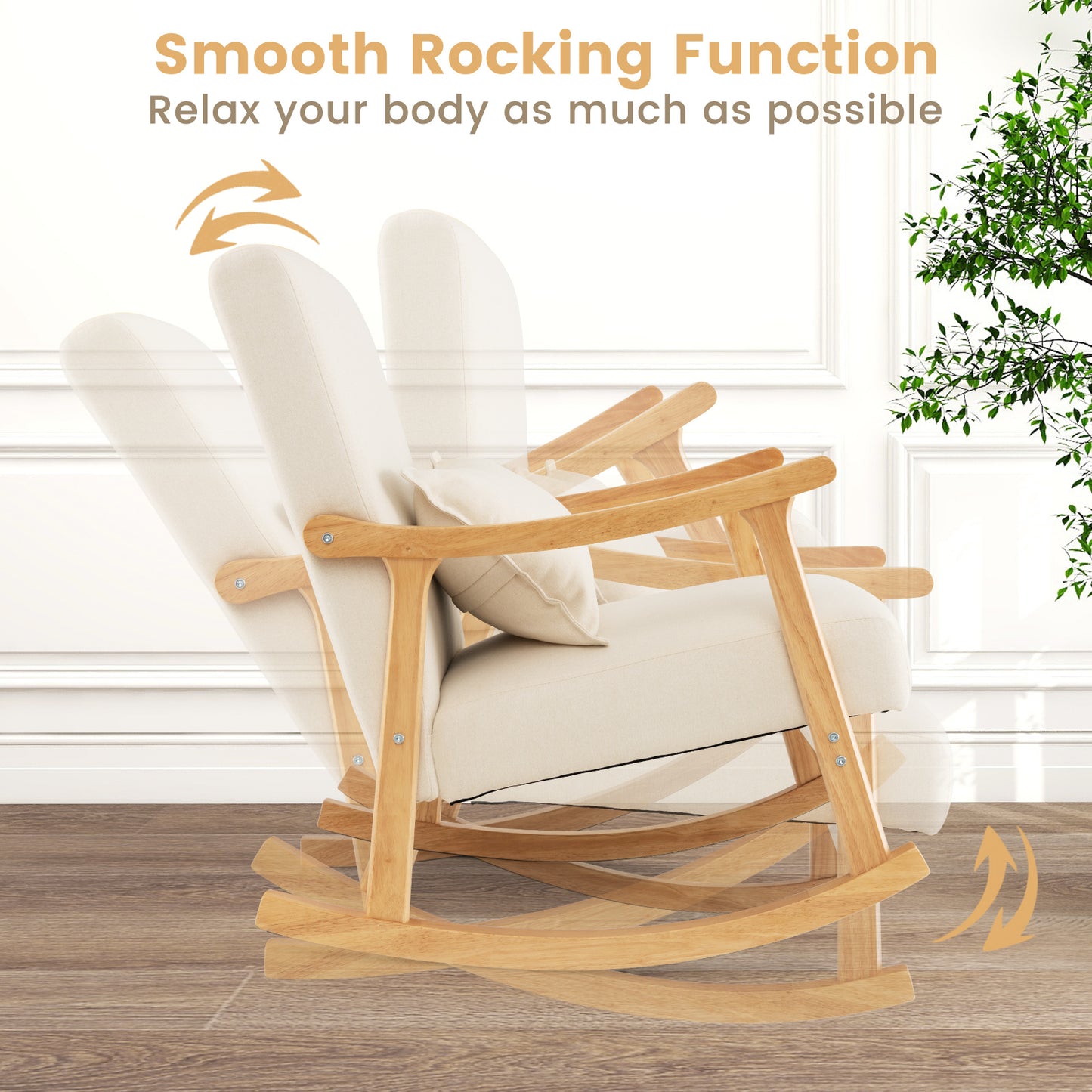 Upholstered Rocking Chair Modern Rocker with Rubber Wood Frame-Beige - ChairwayUK
