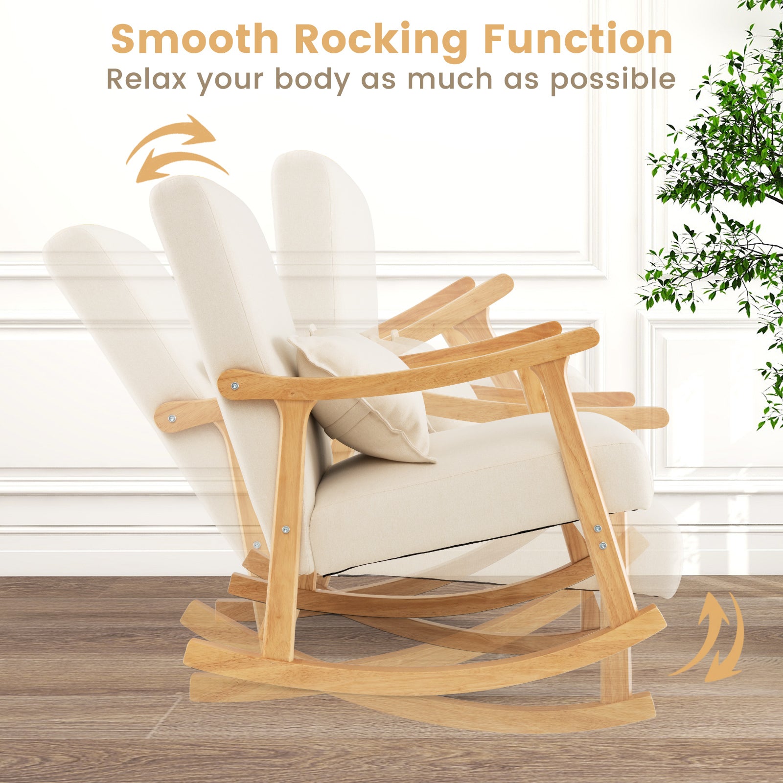 Upholstered Rocking Chair Modern Rocker with Rubber Wood Frame-Beige - ChairwayUK
