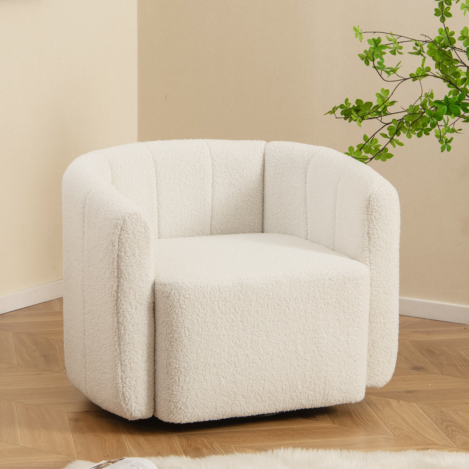 Upholstered Swivel Barrel Chair with Backrest and Armrest White