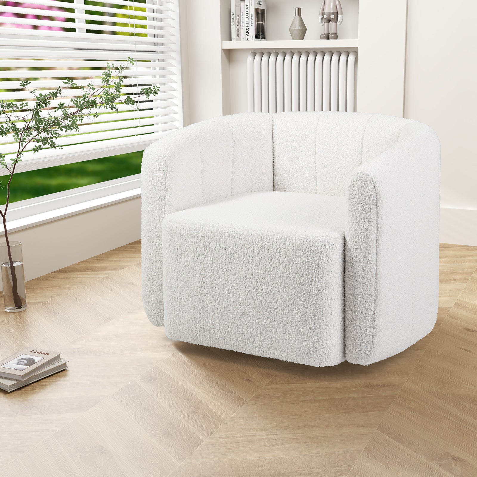 Upholstered Swivel Barrel Chair with Backrest and Armrest White living room