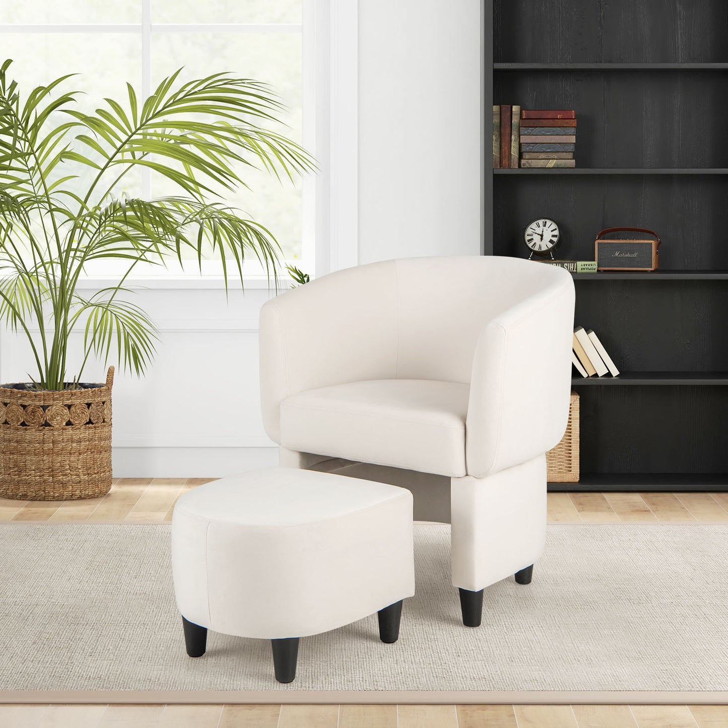 Upholstered Velvet Barrel Chair Modern Club Chair with Ottoman Beige Main lifestyle in a living room