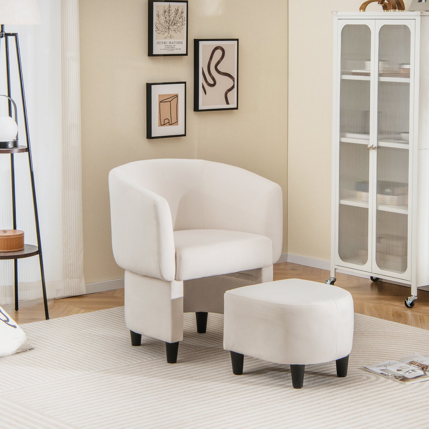 Upholstered Velvet Barrel Chair Modern Club Chair beige with Ottoman Beige Main in living room for study and relaxation