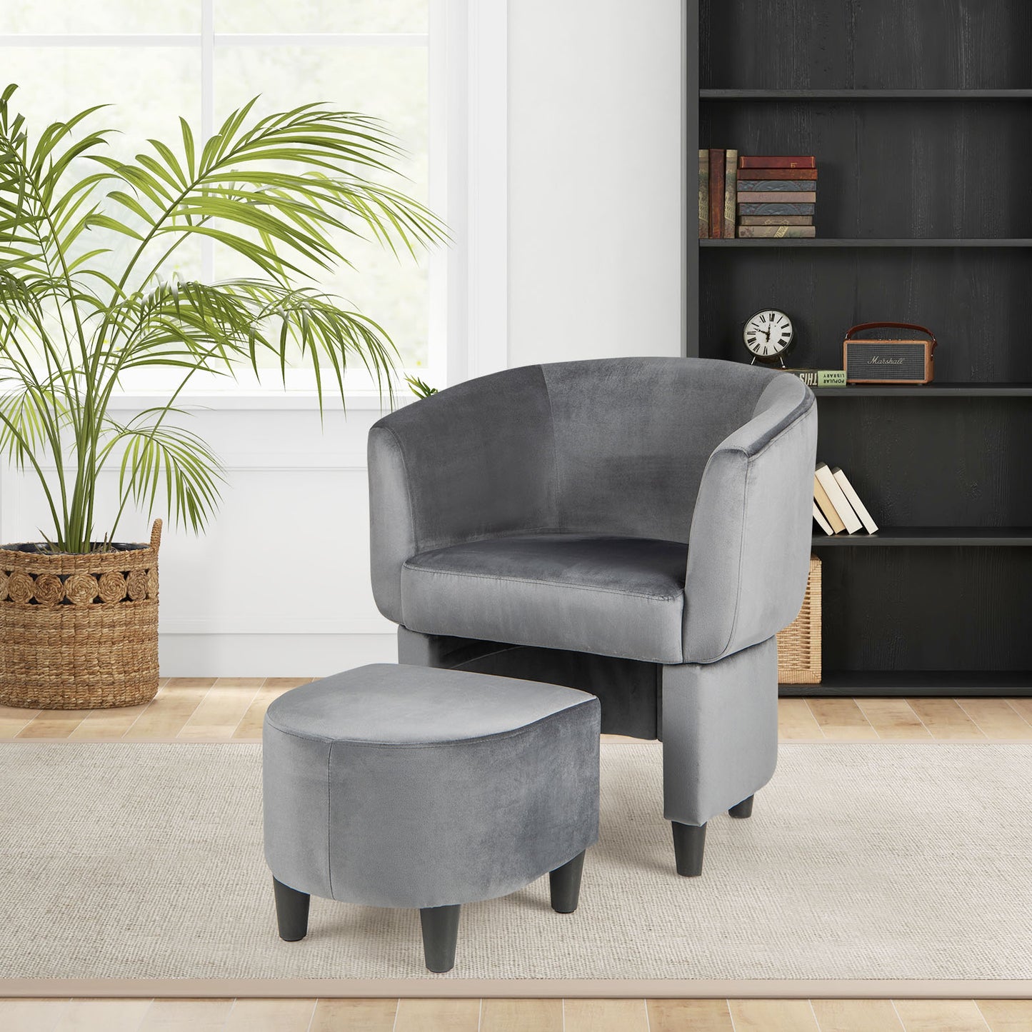 Upholstered Velvet Barrel Chair Modern Club Chair with Ottoman Beige Main Grey Living room