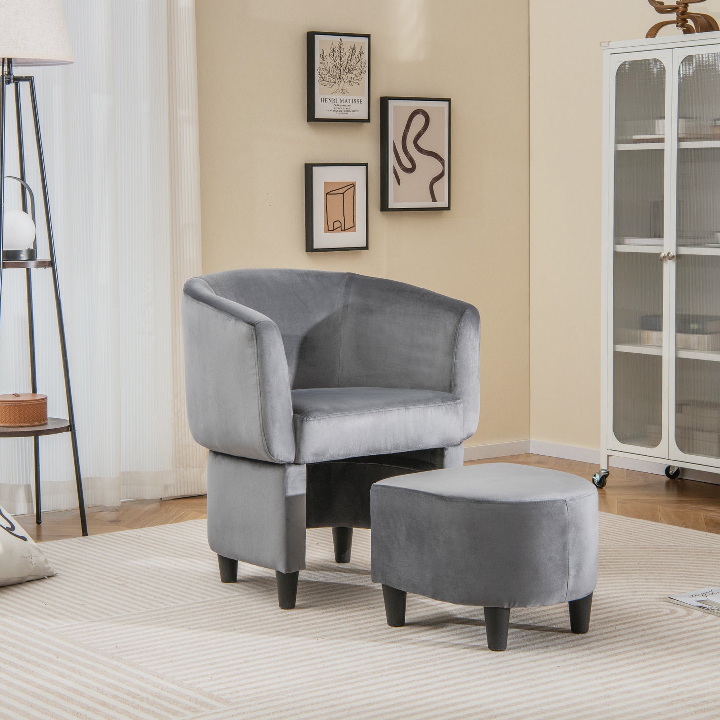 Upholstered Velvet Barrel Chair Modern Club Chair with Ottoman Beige Main study and relaxed