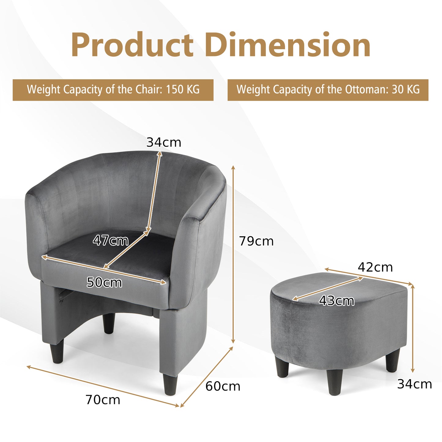 Upholstered Velvet Barrel Chair Modern Club Chair with Ottoman Beige Main grey Dimensions