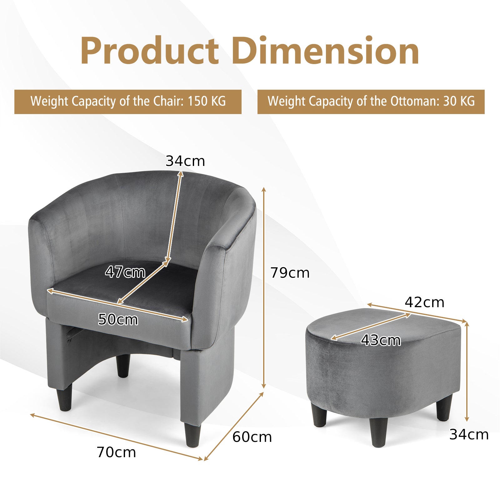 Upholstered Velvet Barrel Chair Modern Club Chair with Ottoman Beige Main grey Dimensions