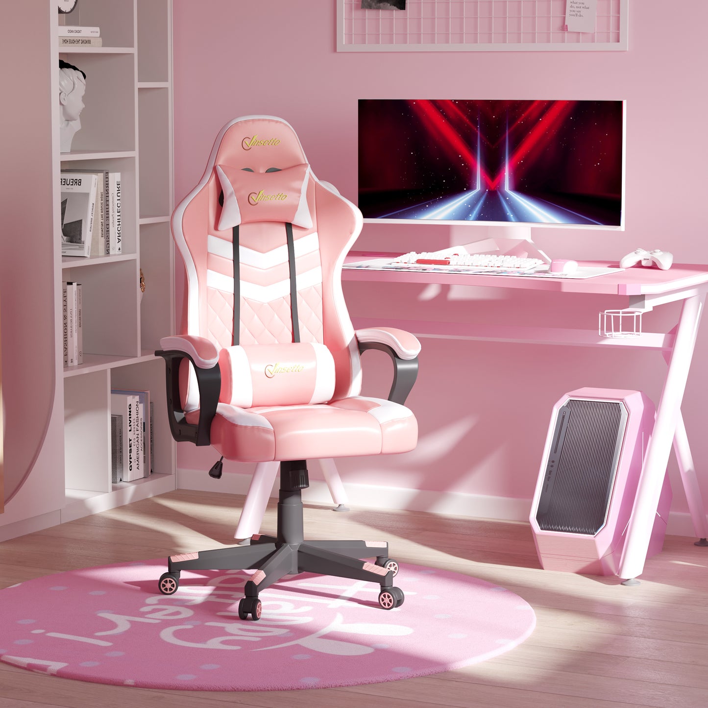 Image for Vinsetto Racing Gaming Chair with Lumbar Support, Headrest, Swivel Wheel, PVC Leather Gamer Desk Chair for Home Office, Pink White