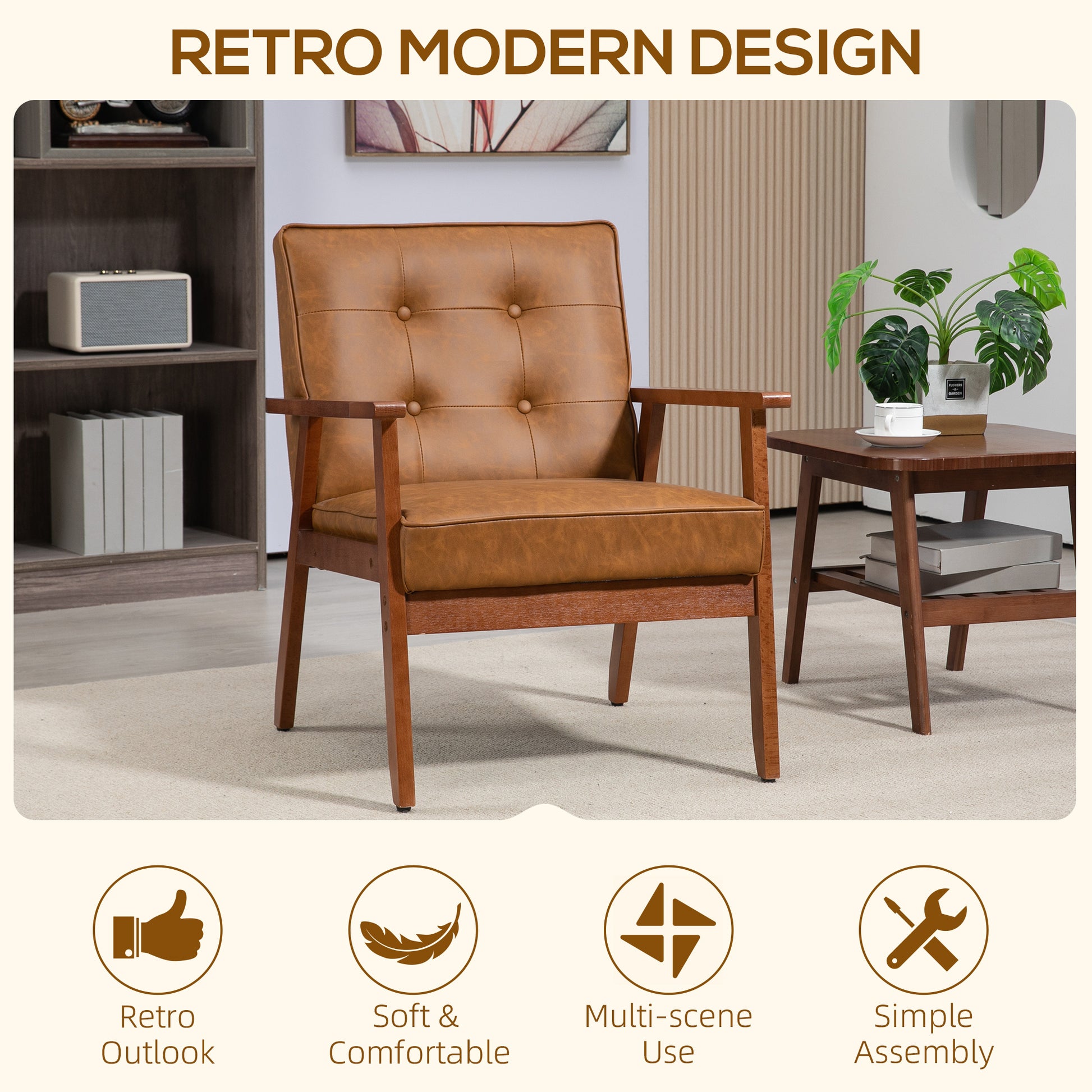 HOMCOM 2 Pack Retro-Style Accent Chair, with Faux Leather Seat - Brown - ChairwayUK