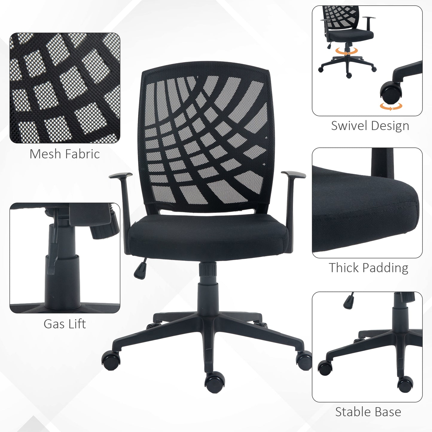 Image for HOMCOM Ergonomic Office Chair, Height Adjustable Mesh Chair, Desk Chair with Swivel Wheels for Home Office, Black