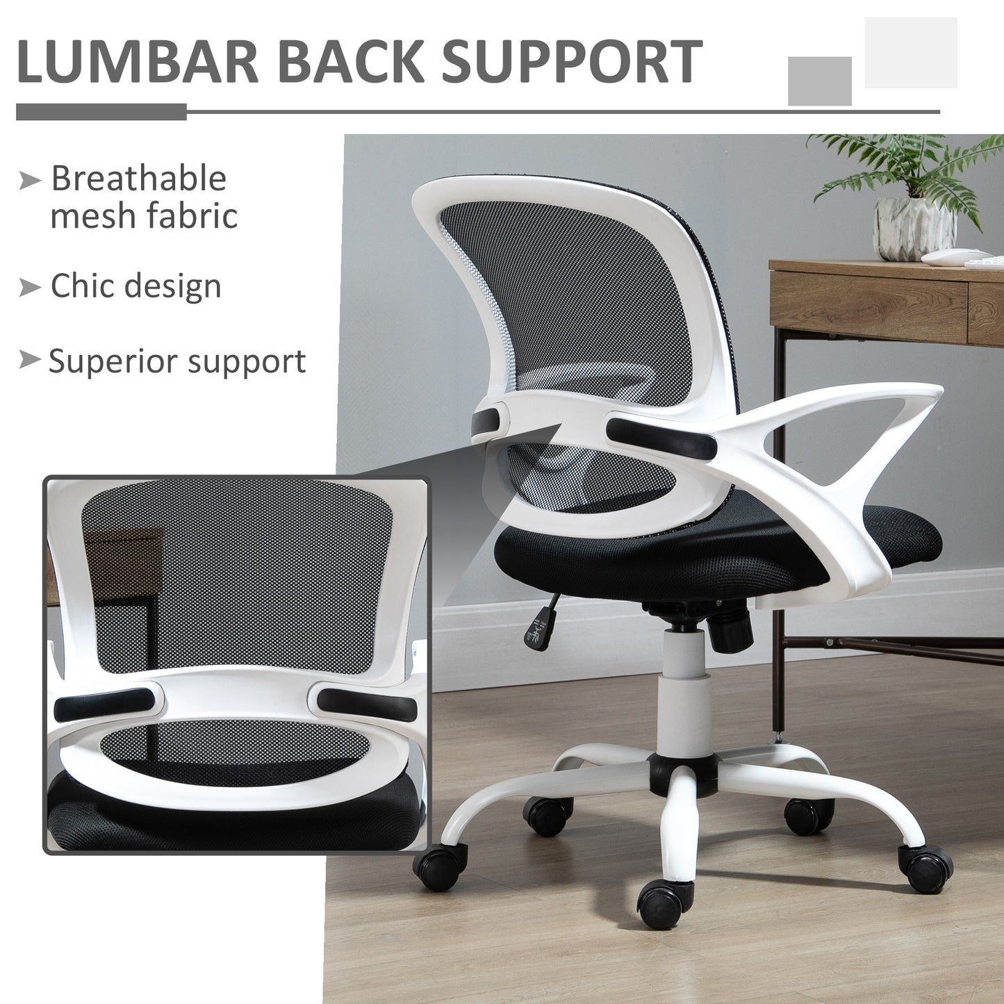 Image for Vinsetto Office Chair Mesh Swivel Desk Chair with Lumbar Back Support Adjustable Height Armrests Black