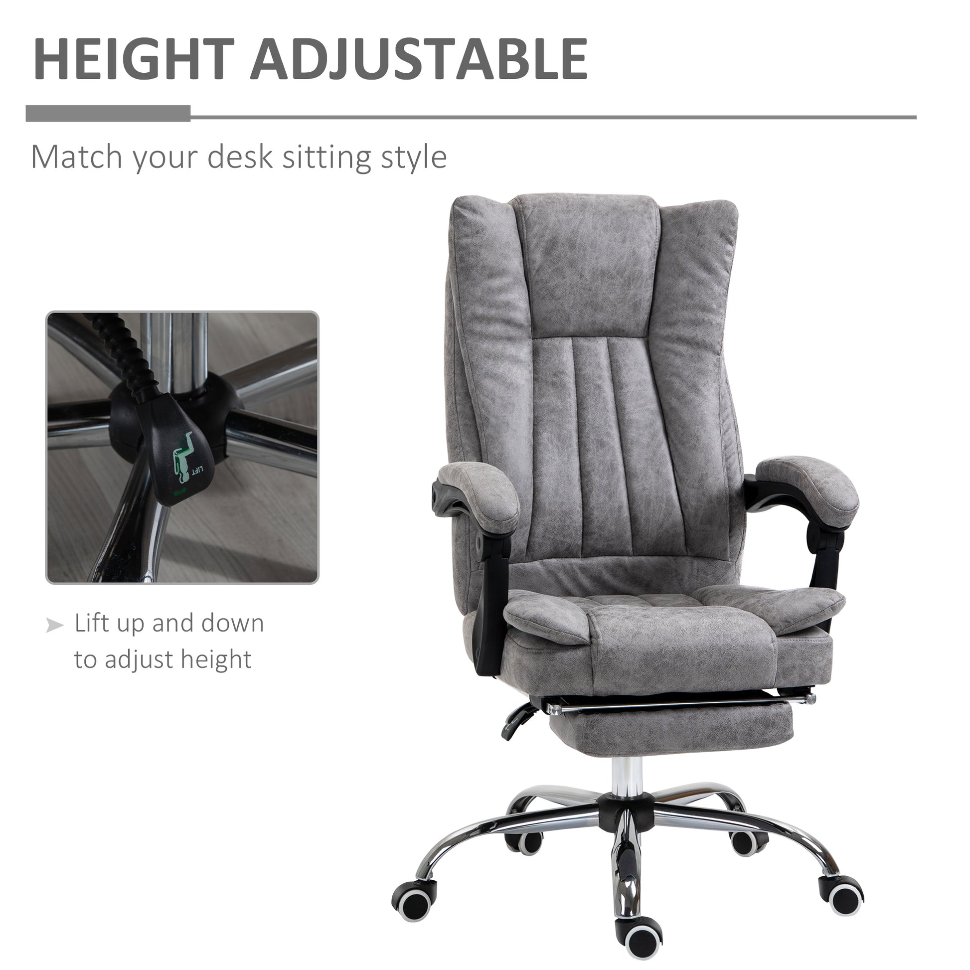 Image for Vinsetto Home Office Chair Microfibre Desk Chair with Reclining Function Armrests Swivel Wheels Footrest Grey