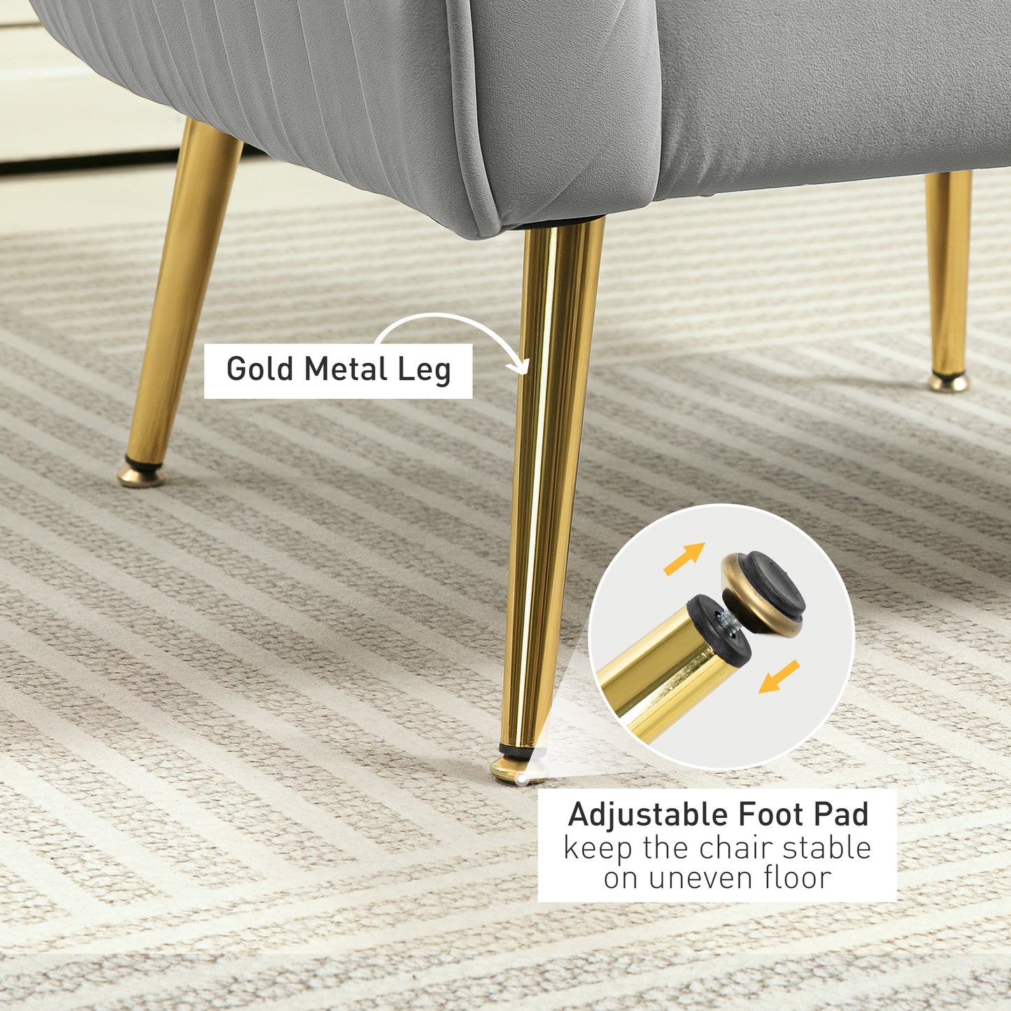 Velvet-Feel_Shell_Back_Grey_Accent_Chair_Material_Gold Legs_Adjustable